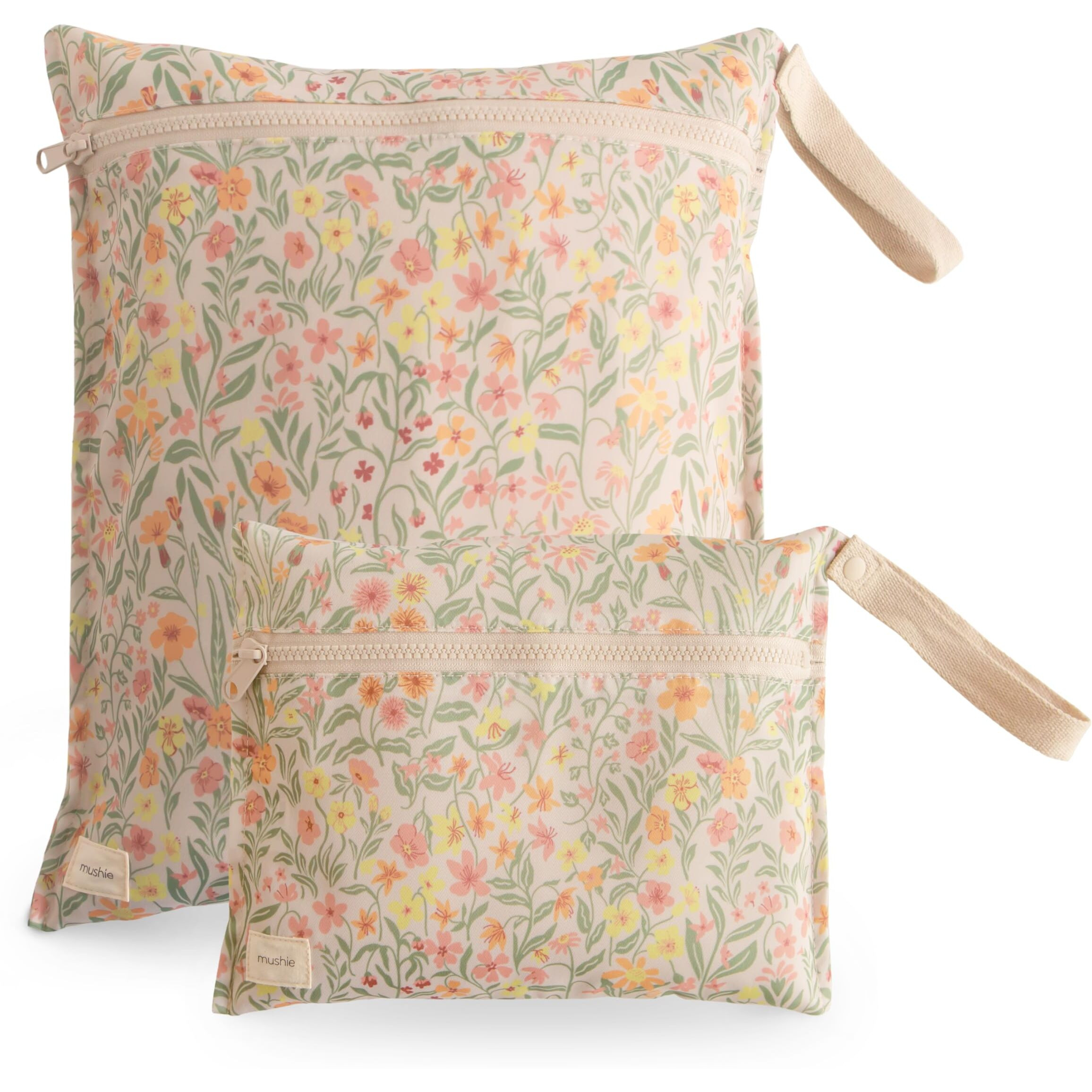 Mushie Water Resistant Wet Bags | Large & Small Reusable Storage Bag For Baby Items And Travel | Zippered Pockets With Handle | Machine Washable  Set Of 2 (Pastel Blooms)