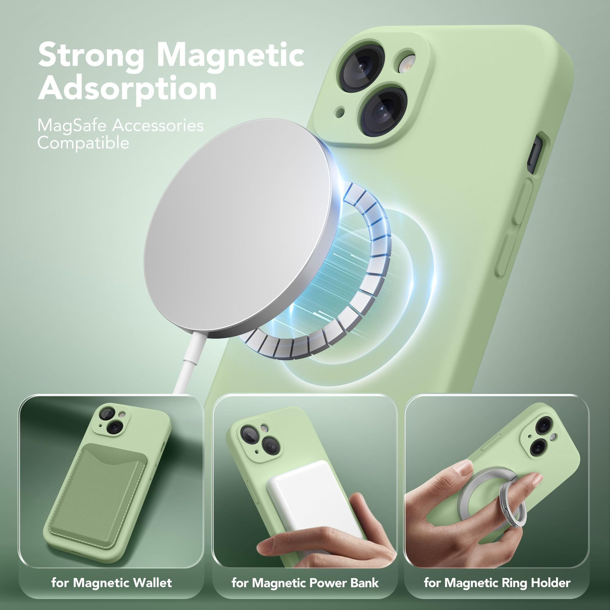 Suydanbox Magnetic For Iphone 15 Case  Compatible With Magsafe  [2 Screen Protector + Full Camera Protection]  Silicone Shockproof Anti-Scratch Protective Phone Case For Iphone 15 6.1""  Matcha