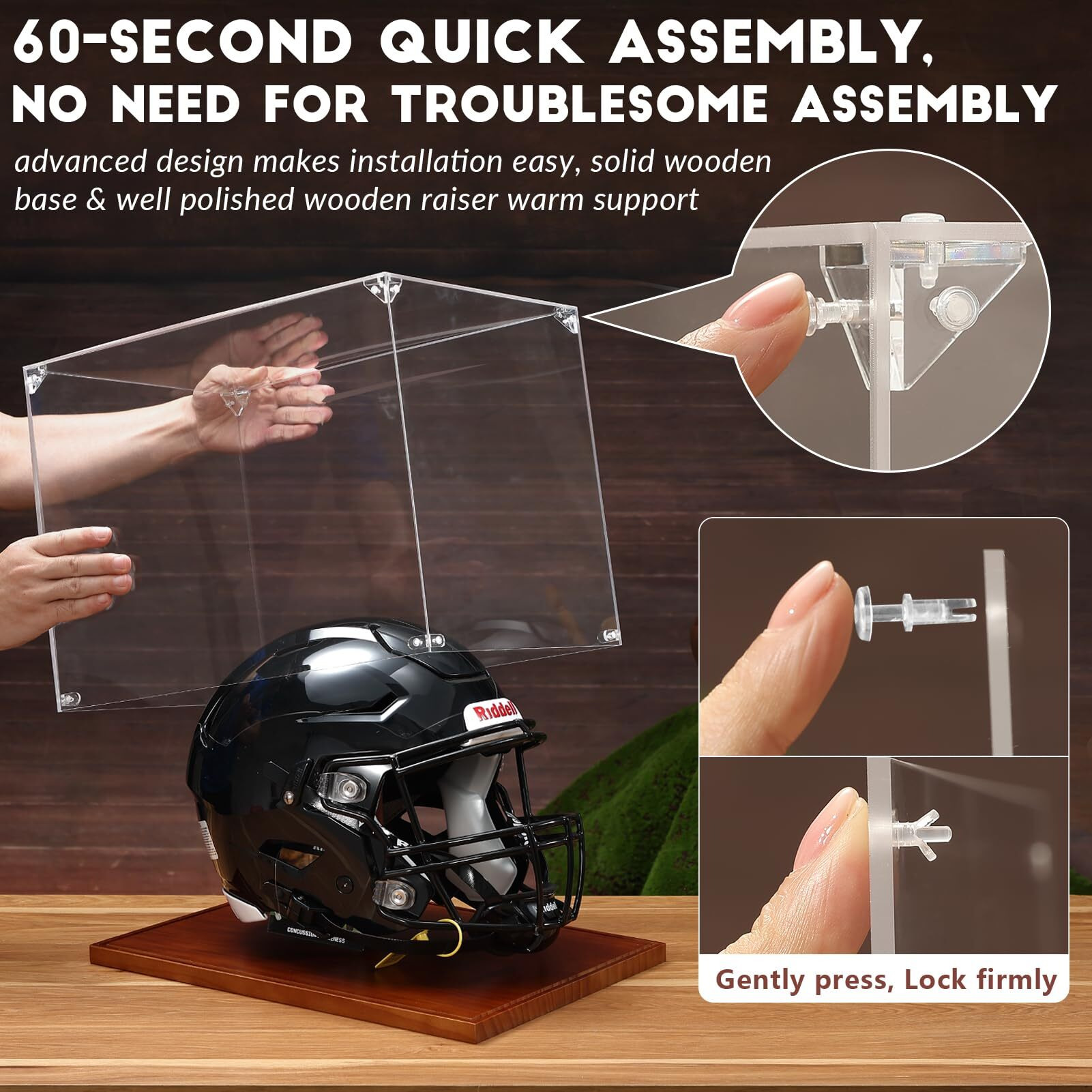 Jupdec Football Helmet Display Case  Full Size Acrylic Baseball Motorcycle Helmet Showcase  Uv Protection Souvenirs And Collectibles Box With Solid Wood Base & Riser  Ideal Gift For Sports Enthusiast