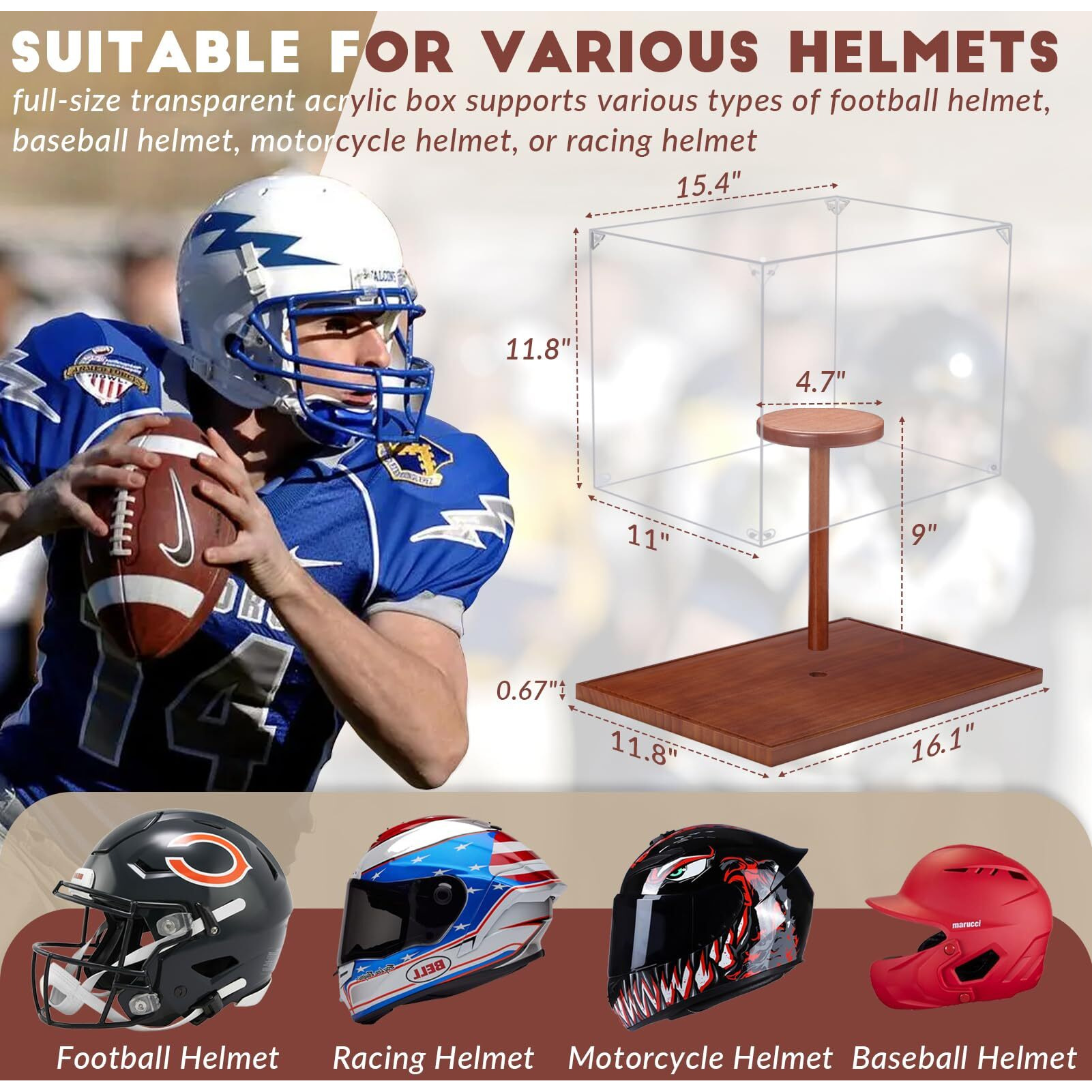 Jupdec Football Helmet Display Case  Full Size Acrylic Baseball Motorcycle Helmet Showcase  Uv Protection Souvenirs And Collectibles Box With Solid Wood Base & Riser  Ideal Gift For Sports Enthusiast