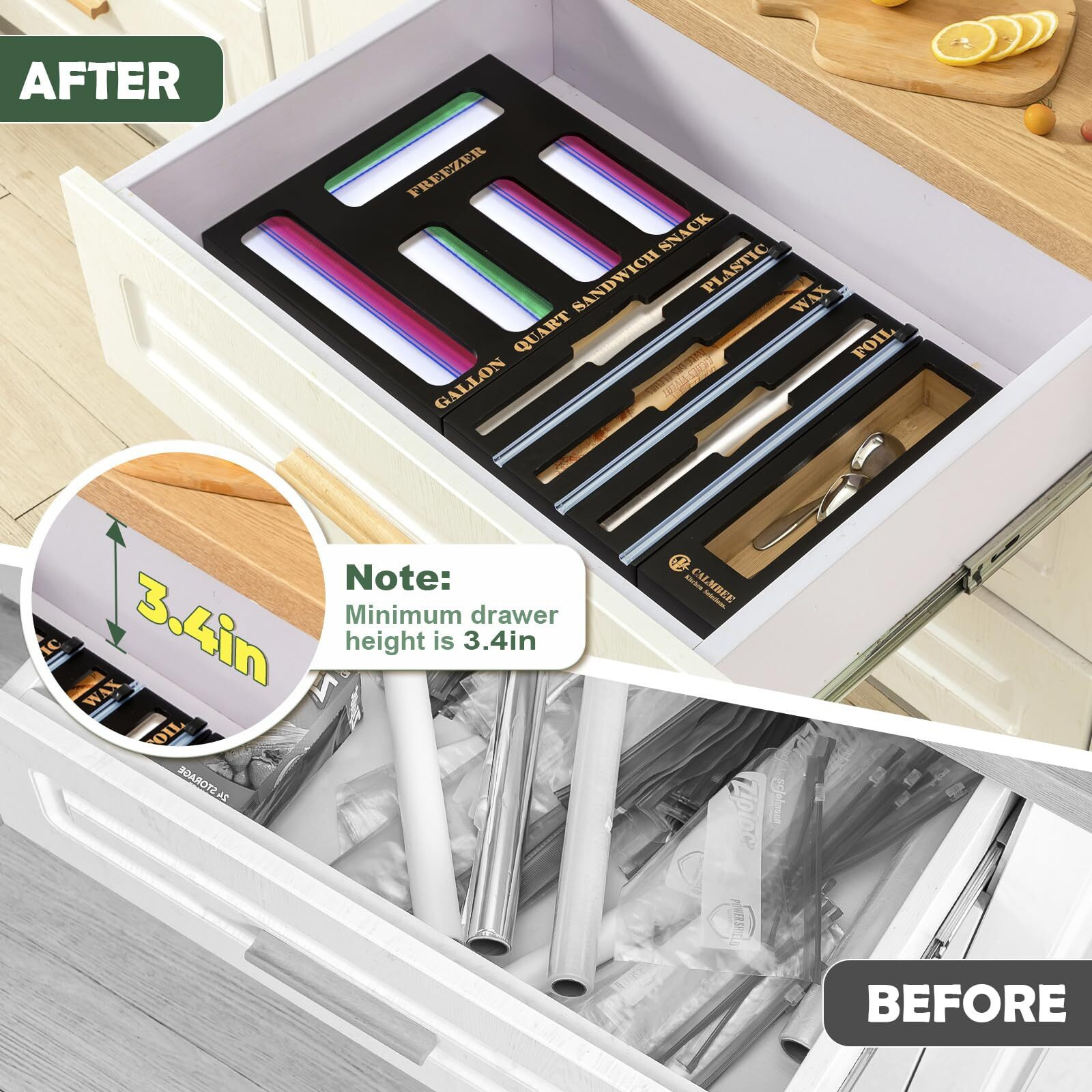 Calmbee Storage Bag Organizer  Foil And Plastic Wrap Organizer With Cutter  Kitchen Organizers And Storage Compatible With Gallon  Quart  Sandwich  Snack Bags And 12"" Aluminum Foil & Wax Paper Black