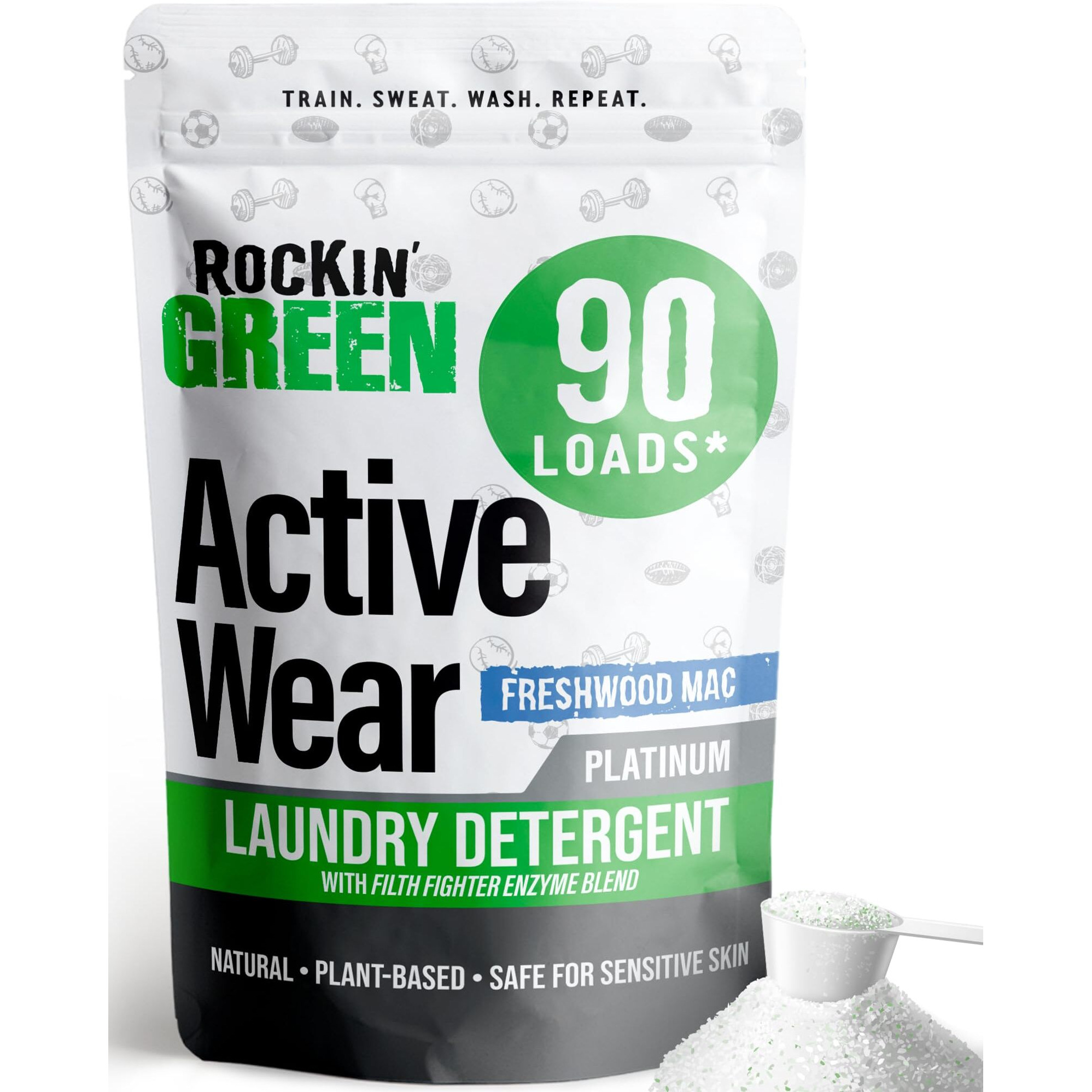 Rockin' Green Laundry Detergent  Plant Based  All Natural Laundry Detergent Powder  Vegan And Biodegradable Odor Fighter  Safe For Sensitive Skin (Active Wear 90 Loads - Freshwood Mac)