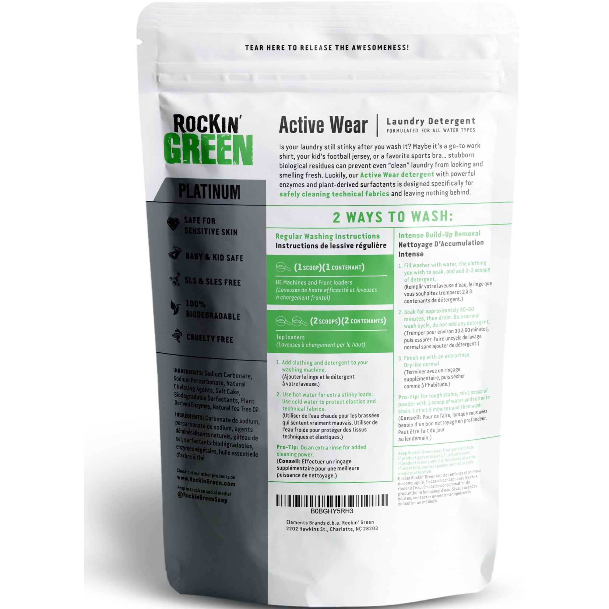 Rockin' Green Laundry Detergent  Plant Based  All Natural Laundry Detergent Powder  Vegan And Biodegradable Odor Fighter  Safe For Sensitive Skin (Active Wear 90 Loads - Freshwood Mac)