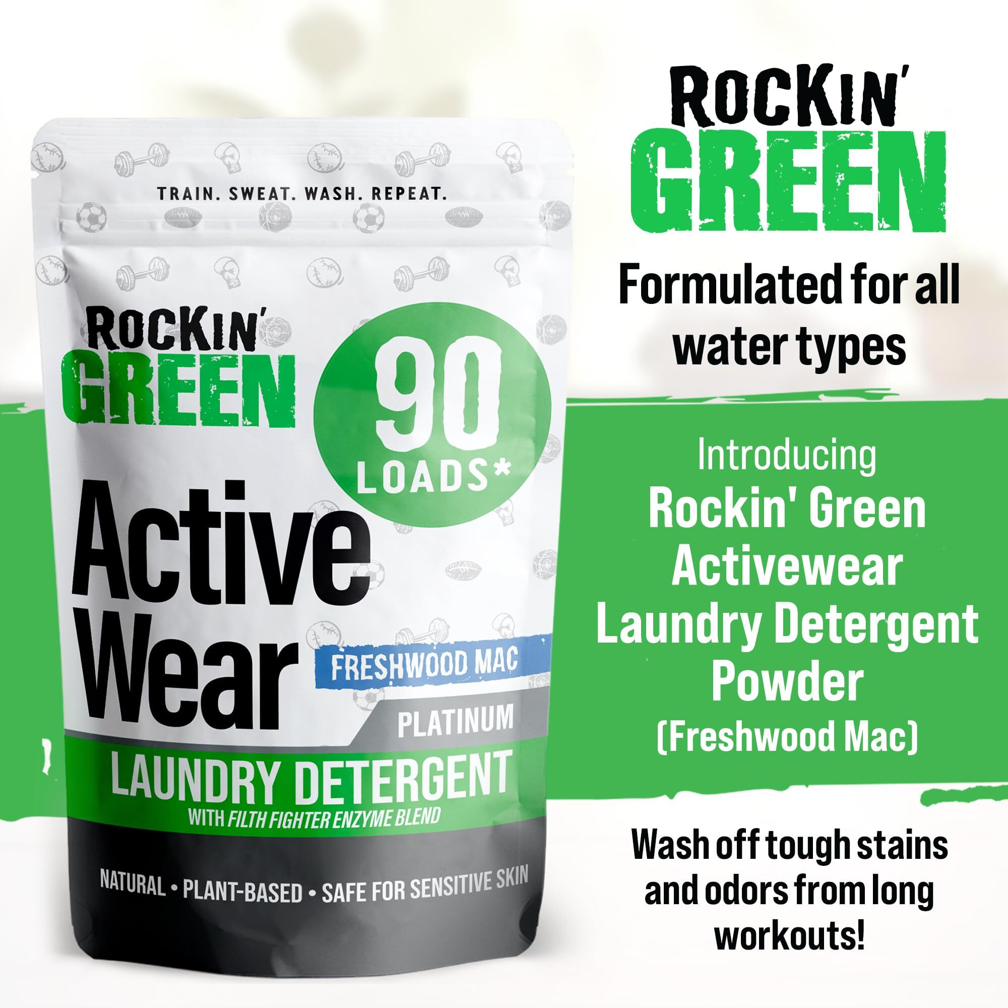 Rockin' Green Laundry Detergent  Plant Based  All Natural Laundry Detergent Powder  Vegan And Biodegradable Odor Fighter  Safe For Sensitive Skin (Active Wear 90 Loads - Freshwood Mac)