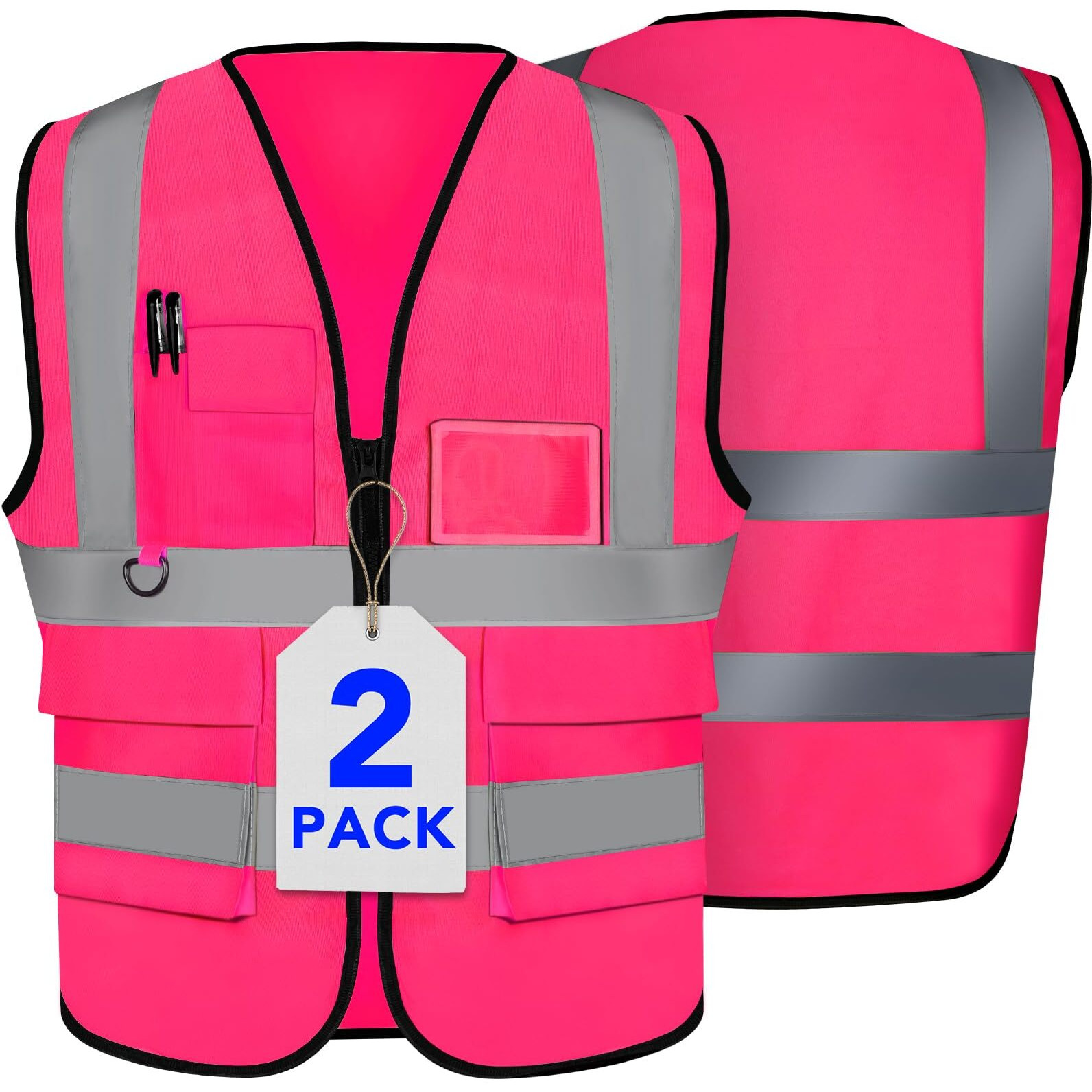 Xpcare 2-Pack Hi Vis Reflective Safety Vest With Pockets High Reflective Strips Zipper Work Vest For Men And Women Pink (X-Large)