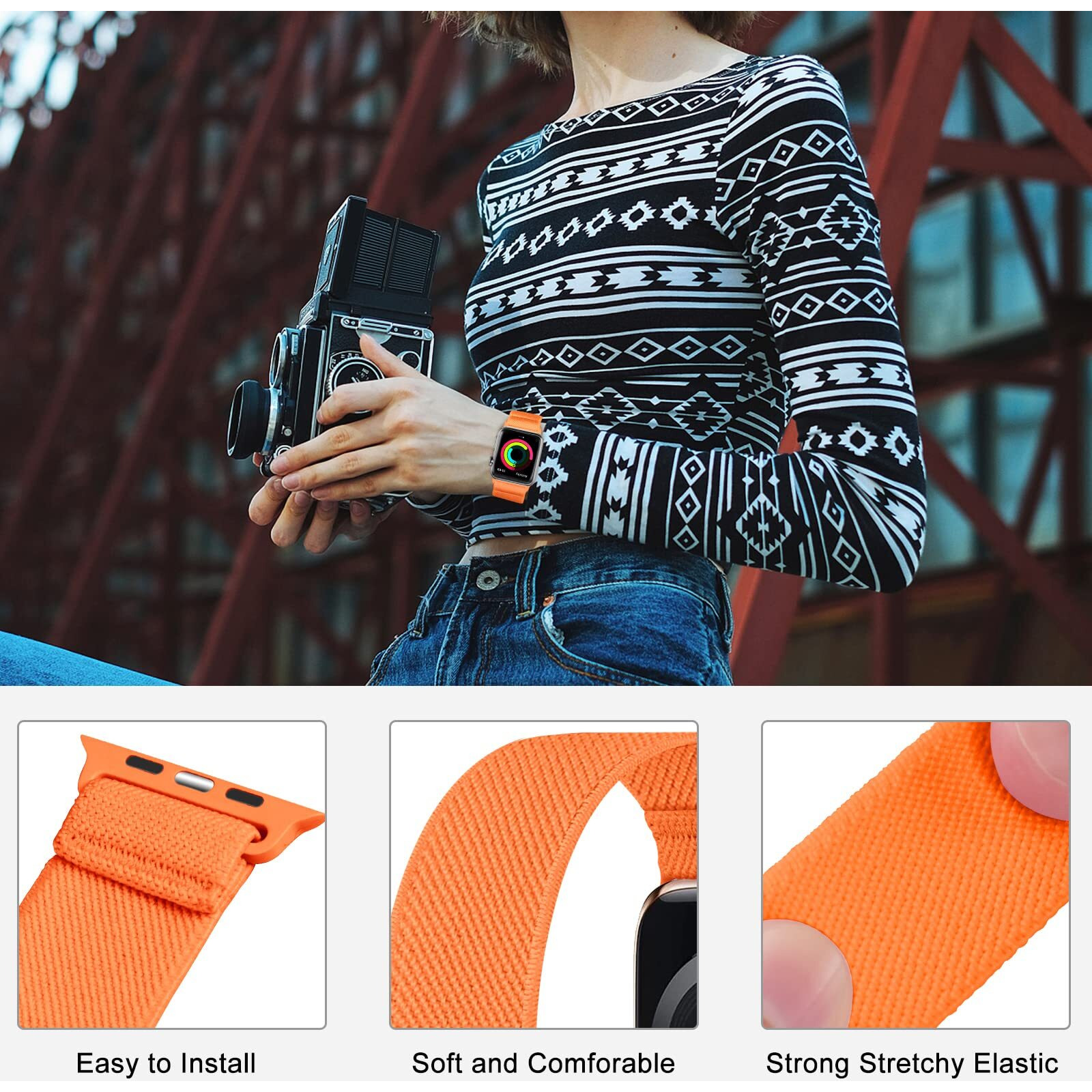 Enjiner Stretchy Nylon Solo Loop Bands Compatible With Apple Watch 38Mm 40Mm 41Mm 42Mm 44Mm 45Mm 46Mm 49Mm Ultra 2 Iwatch Series 10 9 8 7 Se 6 5 4 3 2 1 Strap  Sport Elastic Braided Women Men No Buckles Clasps Wristband Bright Orange 38/40/41Mm M
