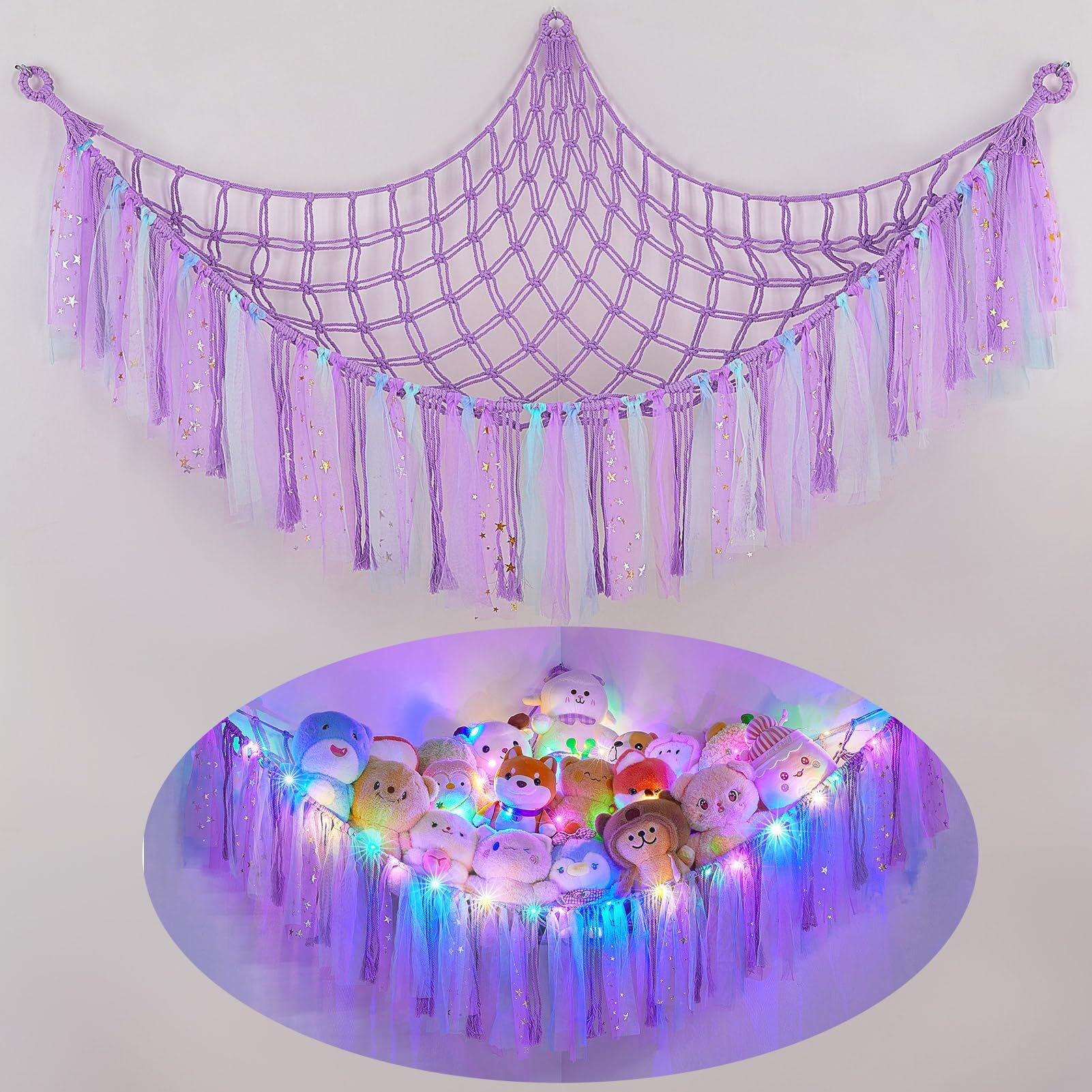 Fiobee Stuffed Animals Net Or Hammock With Led Light  Toy Hammock Hanging Stuffed Animals Storage Organizer Holder Room DCor For Nursery Kids Bedroom