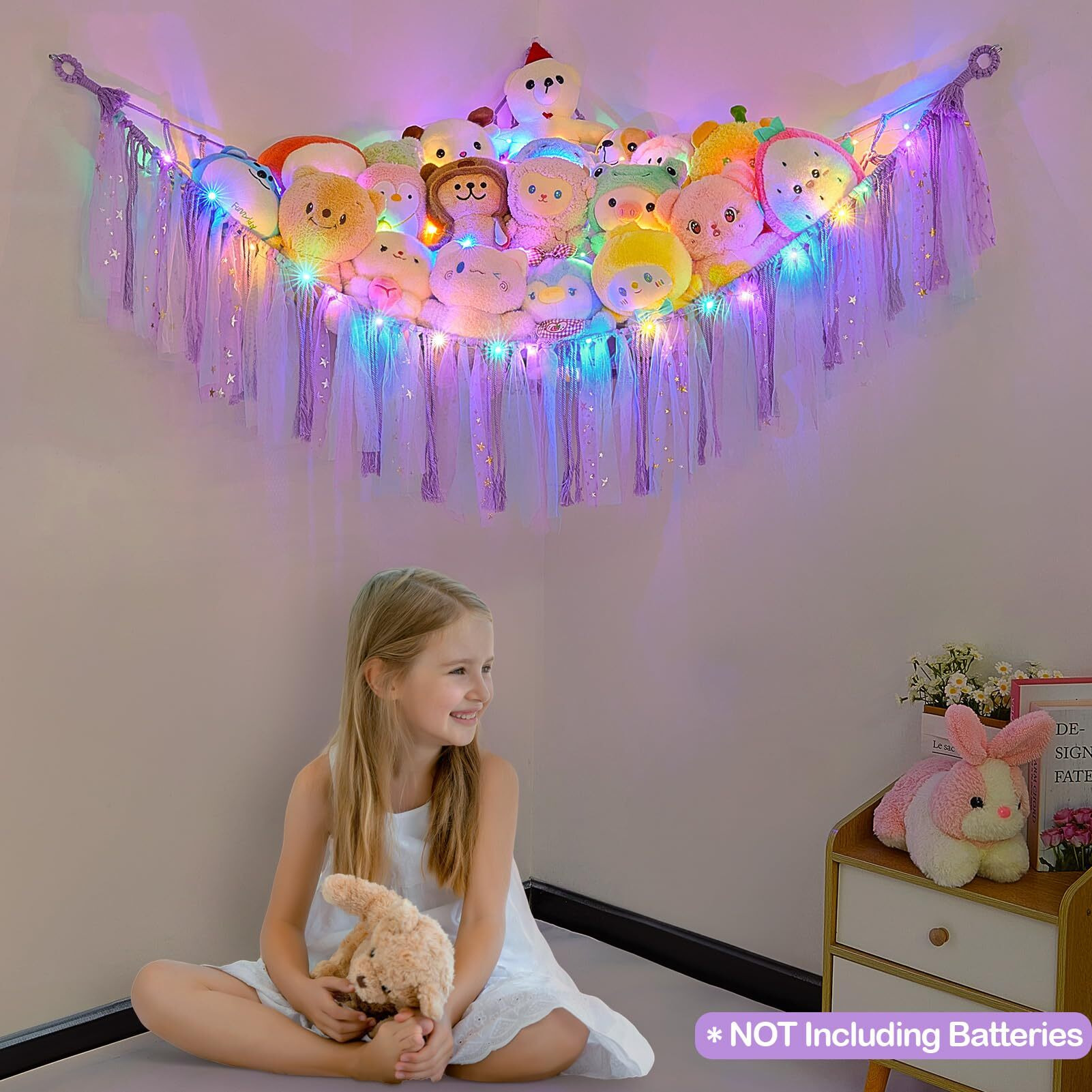 Fiobee Stuffed Animals Net Or Hammock With Led Light  Toy Hammock Hanging Stuffed Animals Storage Organizer Holder Room DCor For Nursery Kids Bedroom