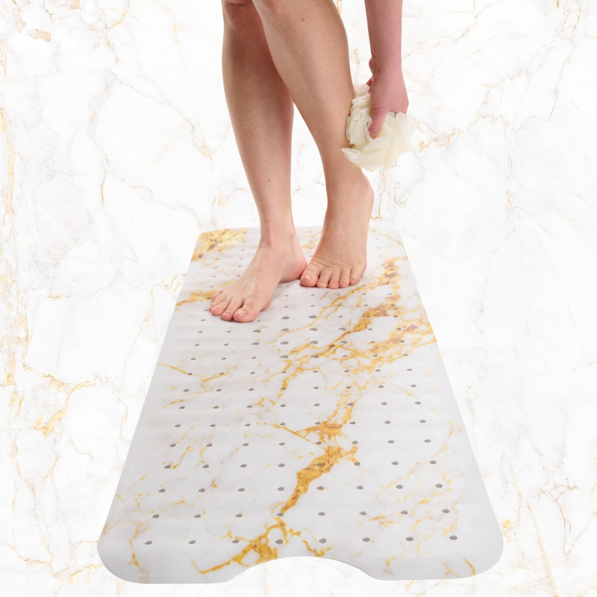 Non Slip Shower Mat Non Slip - Bathtub Mat Non Slip - Non Slip Bath Mat - Long Bath Mat - Shower Non Slip Mat - Bath Mats For Shower - Shower Floor Mat - Tub Mats (Marble White Gold - Bath 40X16)