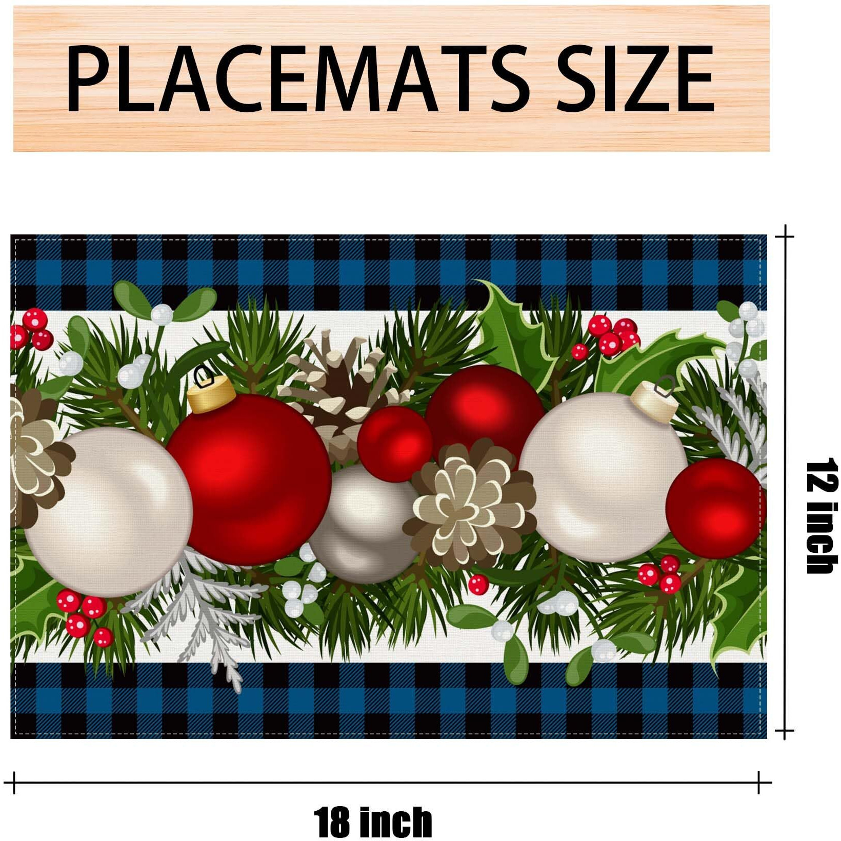 Linen Blue And Black Buffalo Check Plaid Christmas Placemats Set Of 4 Farmhouse Winter Christmas Xmas Holiday Home Kitchen Table Decorations