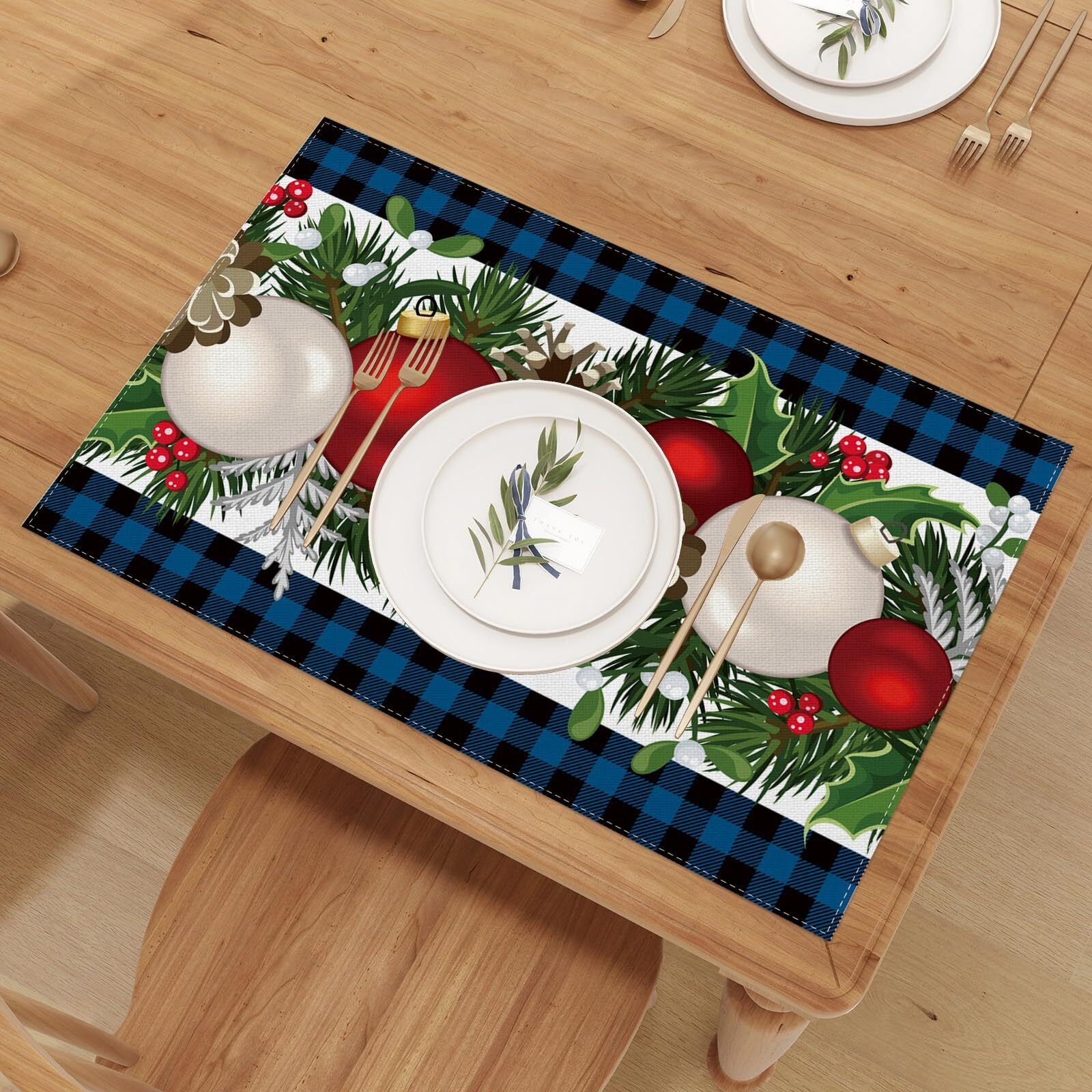 Linen Blue And Black Buffalo Check Plaid Christmas Placemats Set Of 4 Farmhouse Winter Christmas Xmas Holiday Home Kitchen Table Decorations