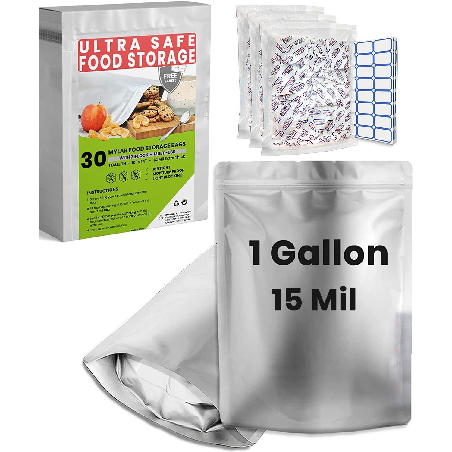30 Mylar Bags For Food Storage 1 Gallon - Extra Thick 15 Mil - Long Term & Food Grade - Mylar Bags With Oxygen Absorbers 400Cc- Zipper  Resealable  Stand-Up Gousset - Bolsas Mylar Con Abosrbentes