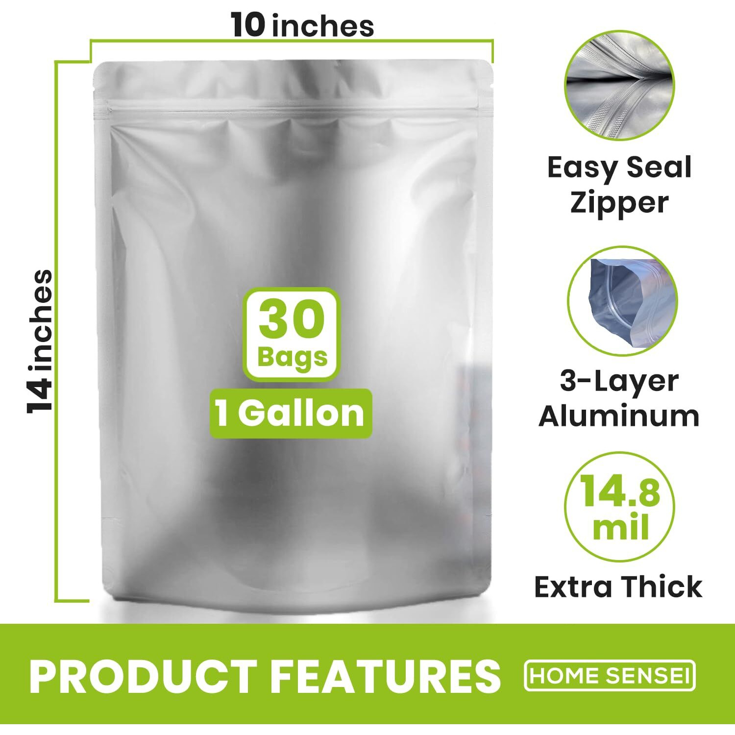 30 Mylar Bags For Food Storage 1 Gallon - Extra Thick 15 Mil - Long Term & Food Grade - Mylar Bags With Oxygen Absorbers 400Cc- Zipper  Resealable  Stand-Up Gousset - Bolsas Mylar Con Abosrbentes