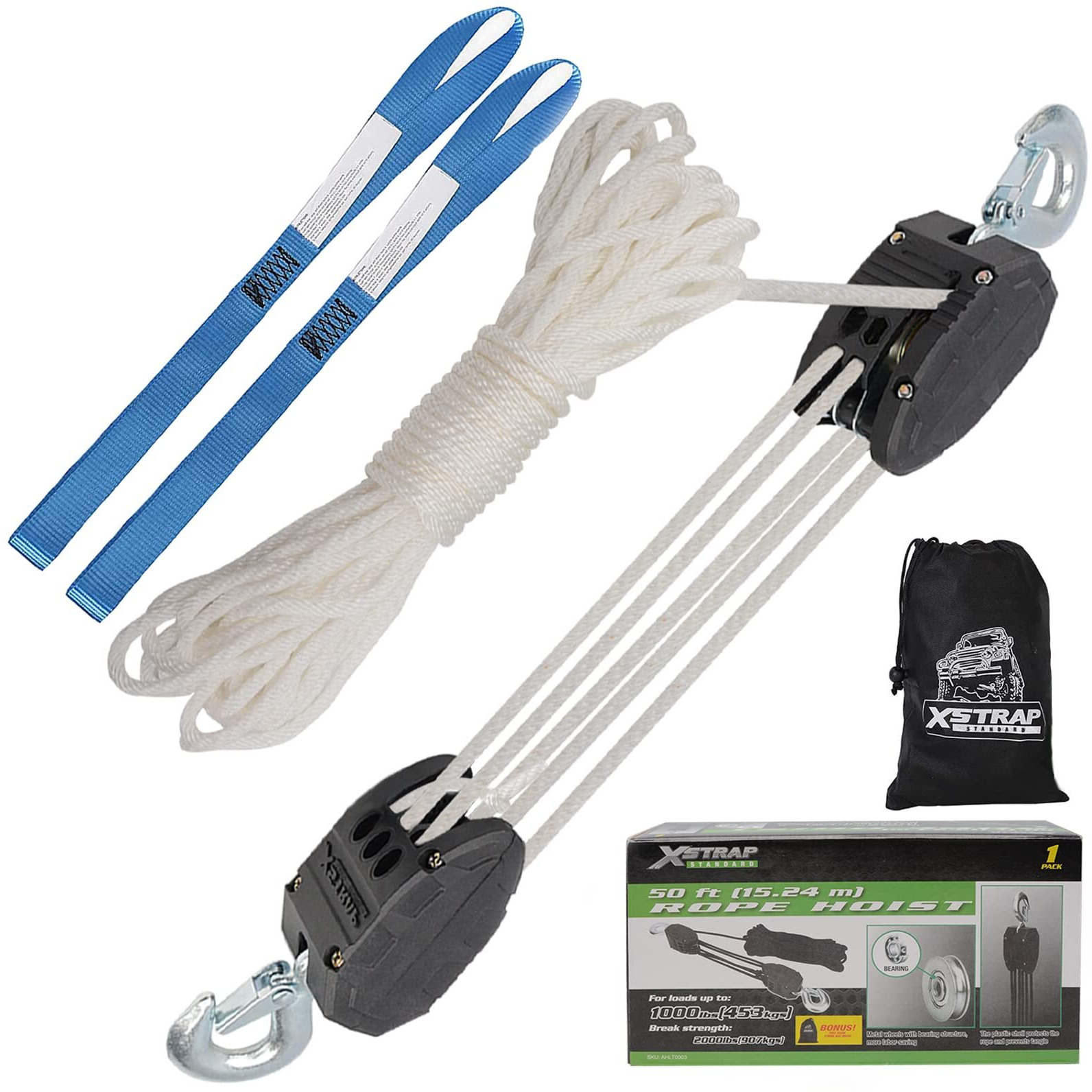 Xstrap Standard Heavy-Duty 2 000Lb 50 Feet Reflective Rope Hoist Pulley 1 Ton Wheel Block And Tackle System 51 Ratio Lifting Power With 2Pk 18 Inch Soft Loop (Upgraded 50Ft White)