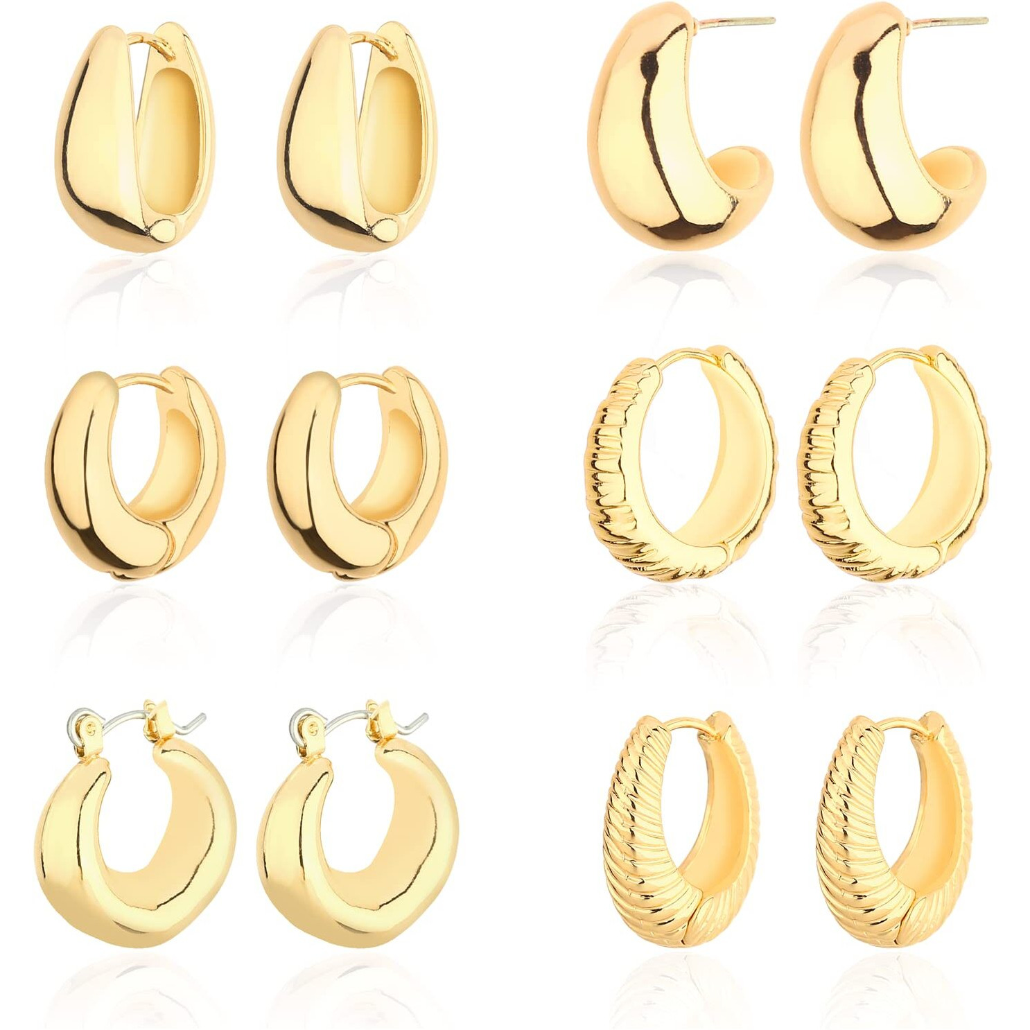 Wgoud Chunky Huggie Earring 14K Gold Hoop Earrings For Men Women Hypoallergenic  Thick Twist Earring (6 Prs Chunky Gold)