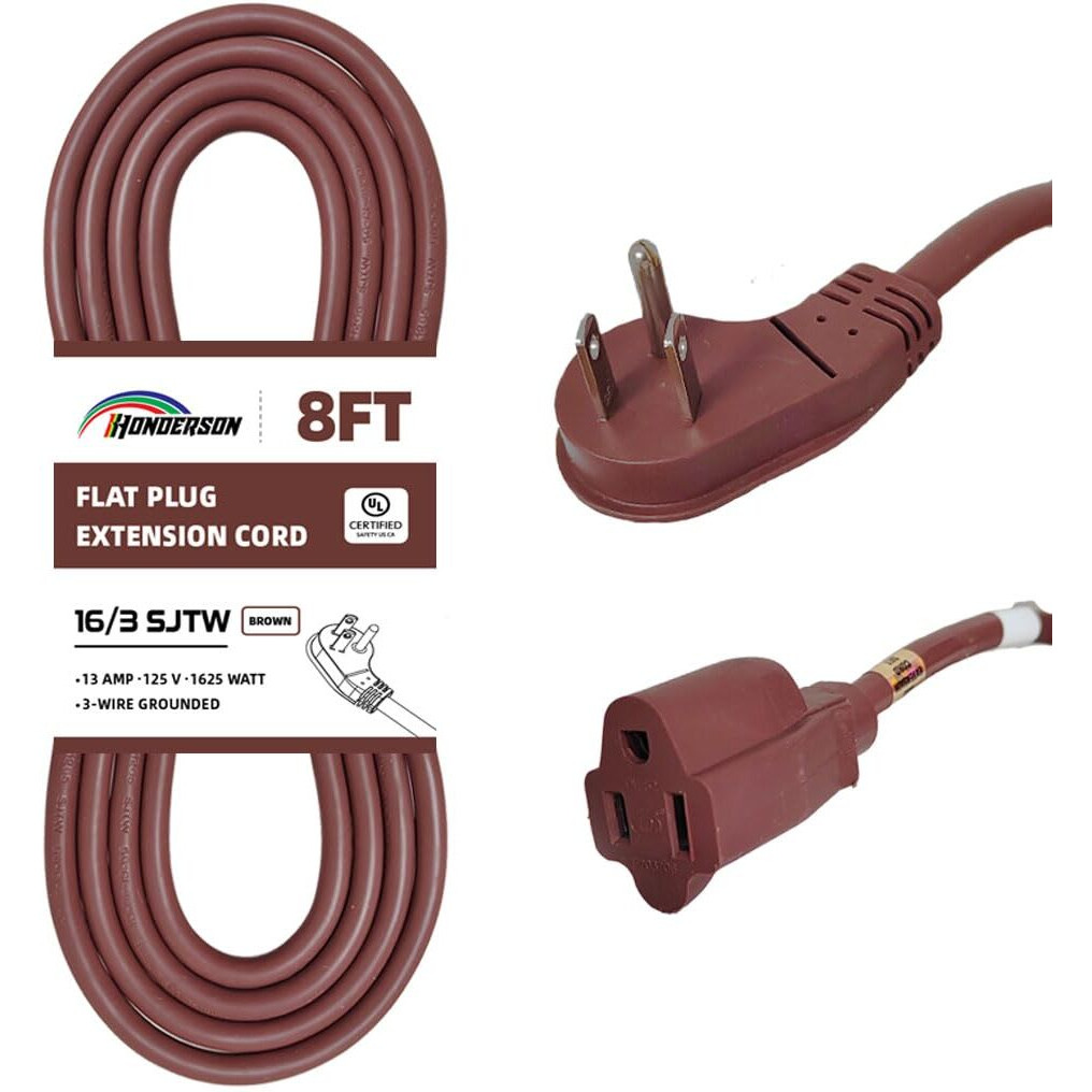 Honderson Flat Plug Indoor Extension Cord  Ul Listed  16 Gauge 8Ft Brown 3 Prong Heavy Duty Extension Cord  16/3 Sjtw 13A Power Extension Cord For Lights  Appliances  Home
