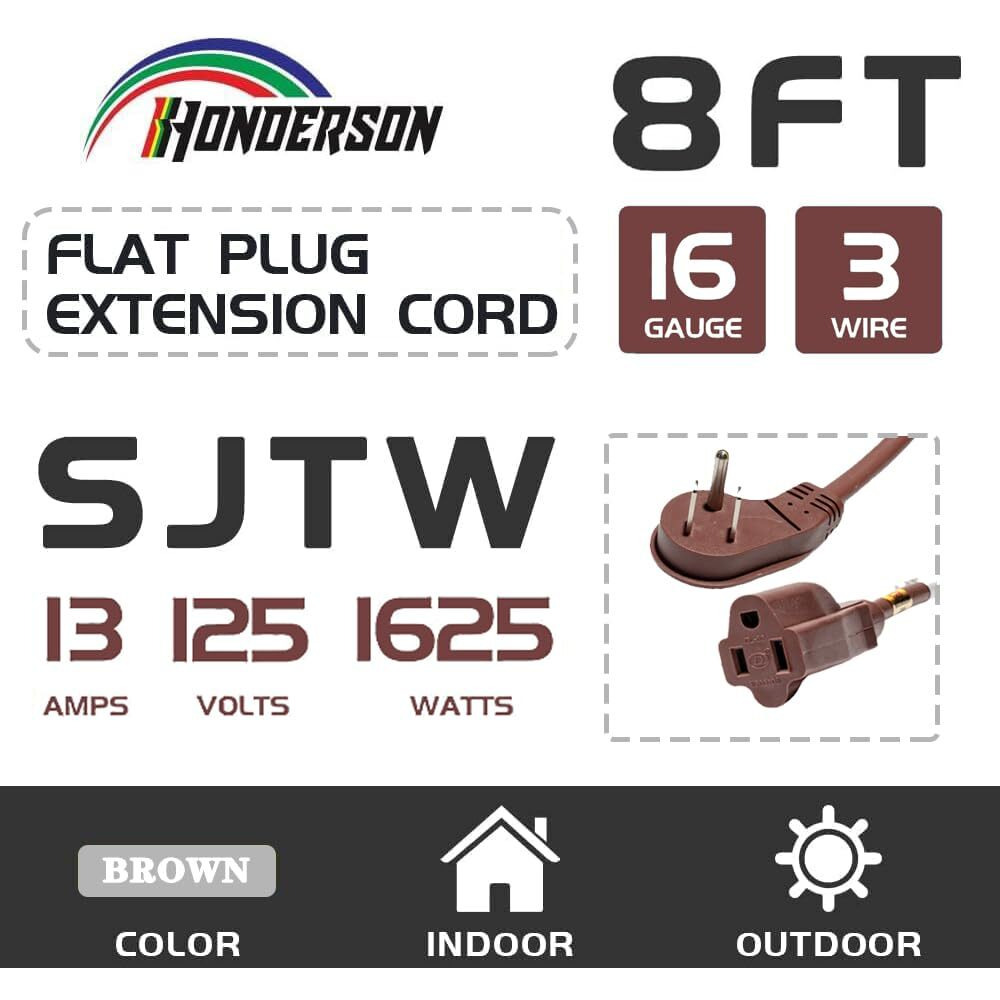 Honderson Flat Plug Indoor Extension Cord  Ul Listed  16 Gauge 8Ft Brown 3 Prong Heavy Duty Extension Cord  16/3 Sjtw 13A Power Extension Cord For Lights  Appliances  Home
