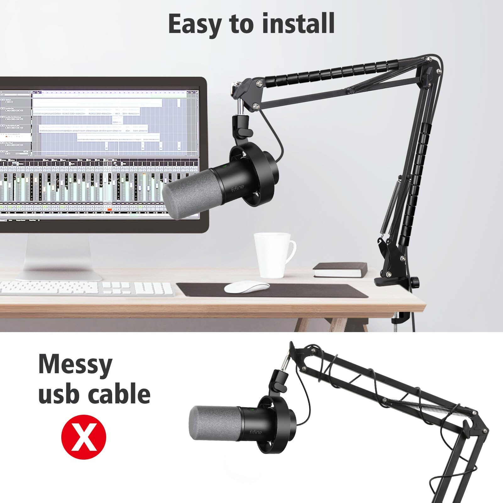 Sunmon Fifine K688 Boom Arm  Mic Stand Boom Arm Compatible With Fifine K688  Fifine Mic Boom Arm With 3/8"" To 5/8"" Screw Adapter Clip  Fifine K688 Microphone Stand With Cable Sleeve