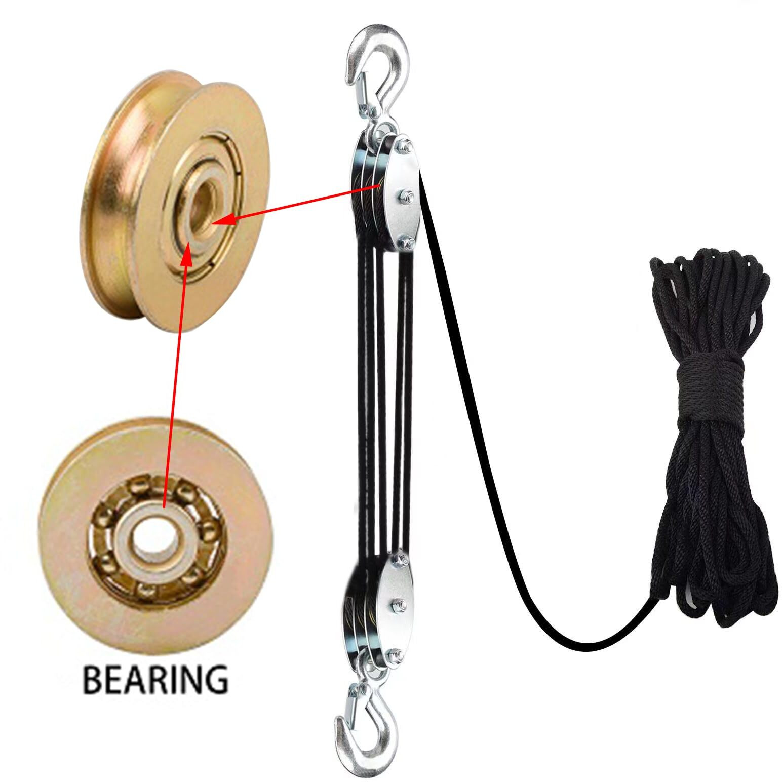Xstrap Standard Heavy-Duty 2 000 Lb Breaking Strength 50 Ft Rope Hoist  Metal Wheels Bearing Structure  1000 Lb Work Load Block And Tackle Pulley System For Lifting Heavy Objects  With 2Pcs Soft Loops
