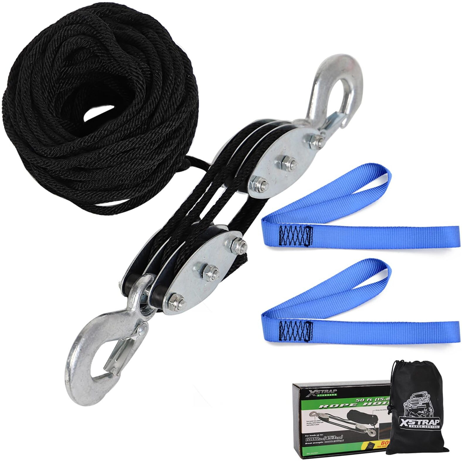 Xstrap Standard Heavy-Duty 2 000 Lb Breaking Strength 50 Ft Rope Hoist  Metal Wheels Bearing Structure  1000 Lb Work Load Block And Tackle Pulley System For Lifting Heavy Objects  With 2Pcs Soft Loops