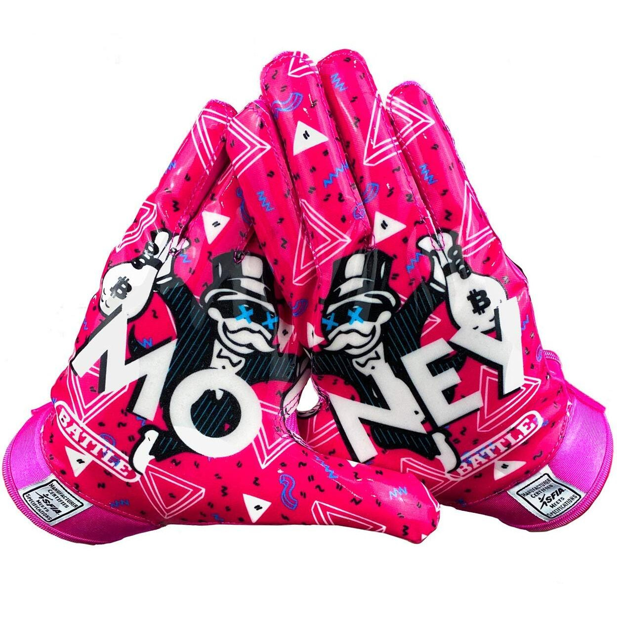 Battle Sports Money Man Wide Receiver Football Gloves - Ultra Grip Football Gloves - Pink  Adult Large