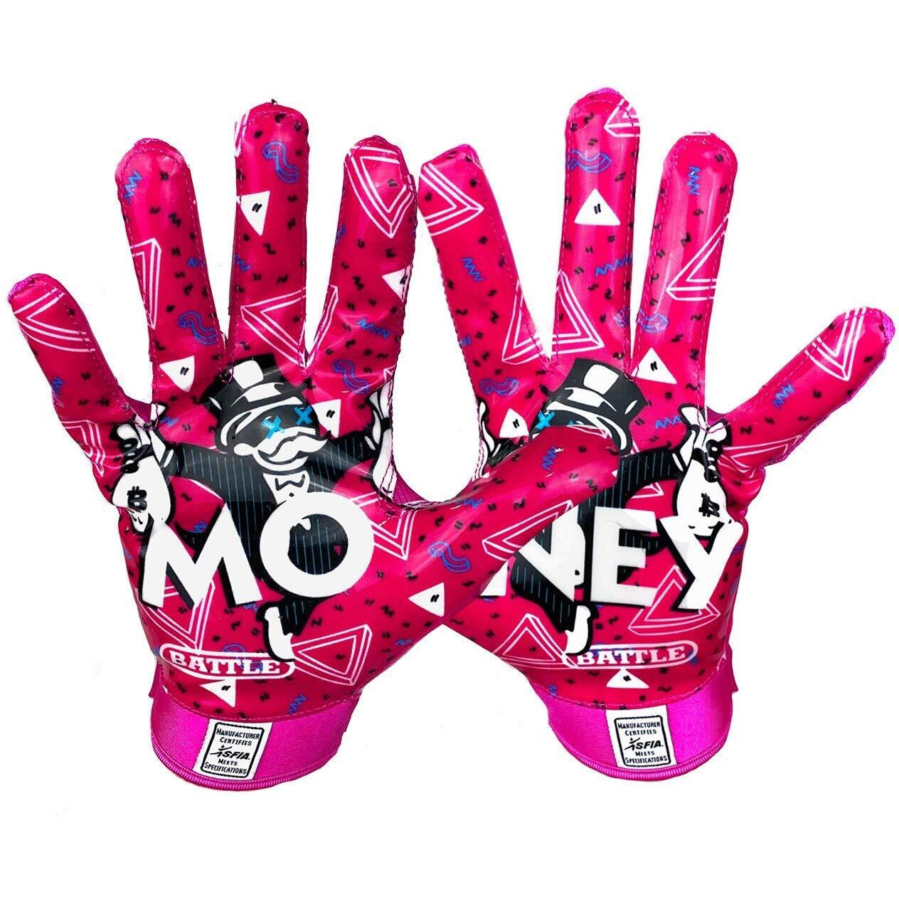 Battle Sports Money Man Wide Receiver Football Gloves - Ultra Grip Football Gloves - Pink  Adult Large