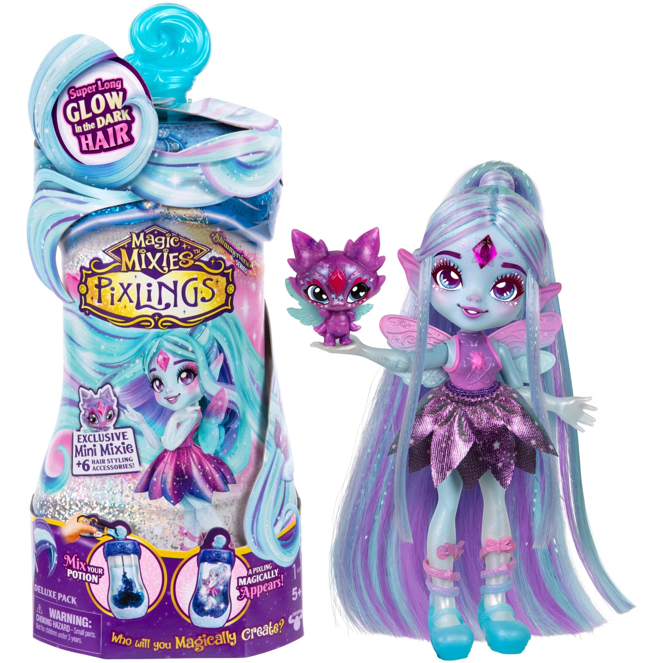 Magic Mixies Pixlings Deluxe Pack  Flyt The Dragonfly  Shimmer Reveal  Create & Mix Potion That Magically Reveals 6.5"" Pixling Doll Inside Potion Bottle - Exclusive Mini Mixies & 6 Hair Accessories