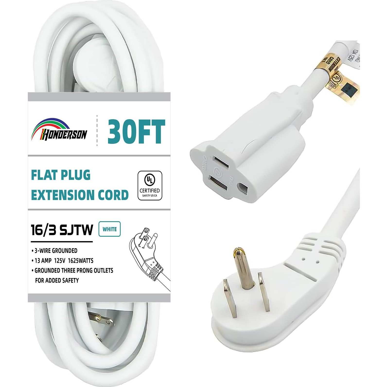 Honderson Flat Plug Indoor Extension Cord  Ul Listed  16 Gauge 30Ft White 3 Prong Heavy Duty Extension Cord  16/3 Sjtw 13A Power Extension Cord For Lights  Appliances  Home
