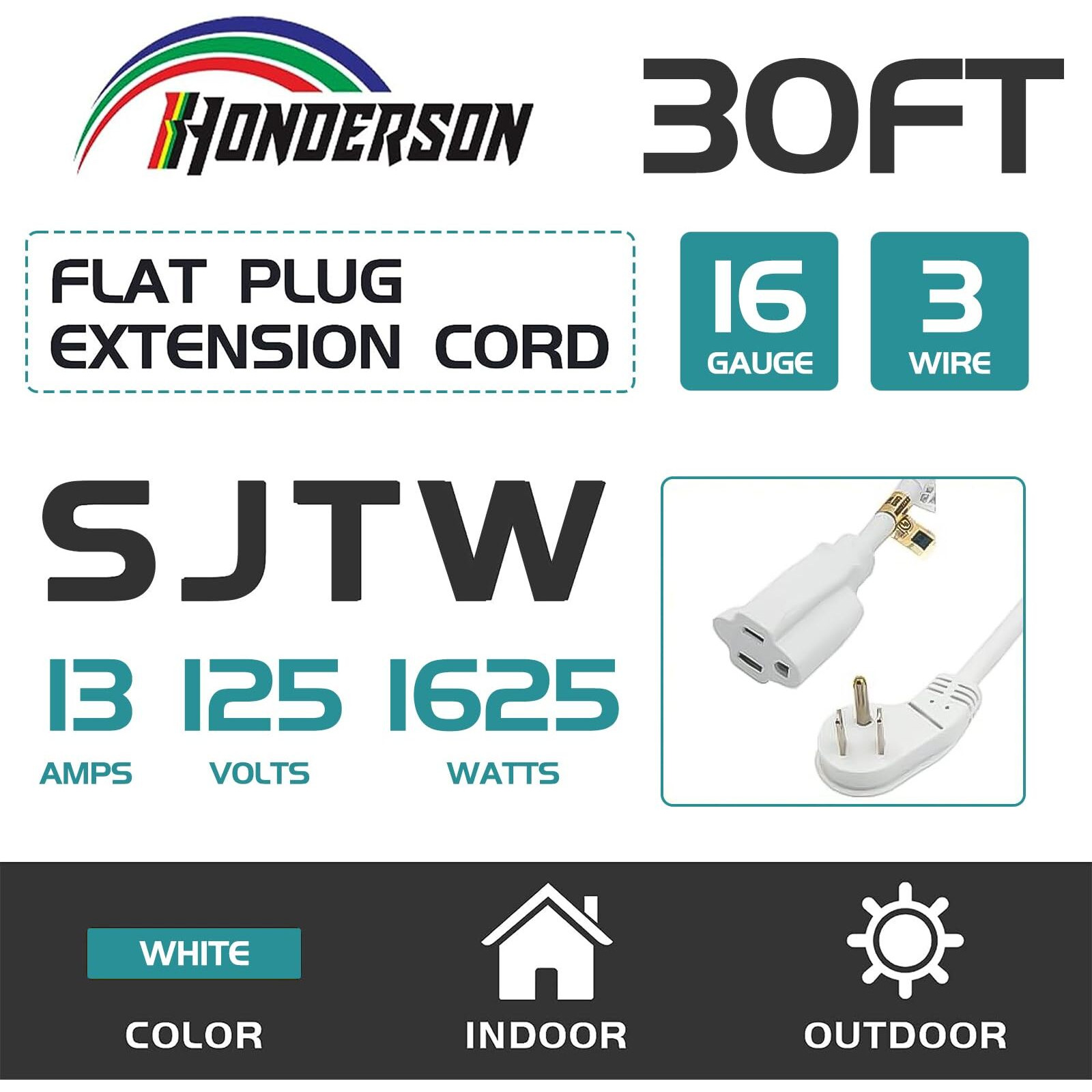 Honderson Flat Plug Indoor Extension Cord  Ul Listed  16 Gauge 30Ft White 3 Prong Heavy Duty Extension Cord  16/3 Sjtw 13A Power Extension Cord For Lights  Appliances  Home