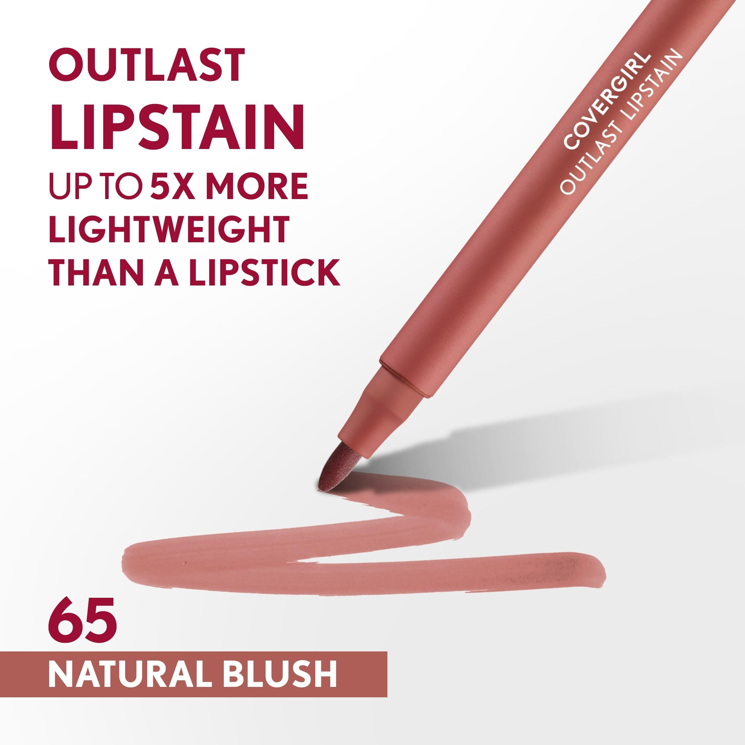Covergirl Outlast  65 Natural Blush  Lipstain  Smooth Application  Precise Pen-Like Tip  Transfer-Proof  Satin Stained Finish  Vegan Formula  0.06Oz
