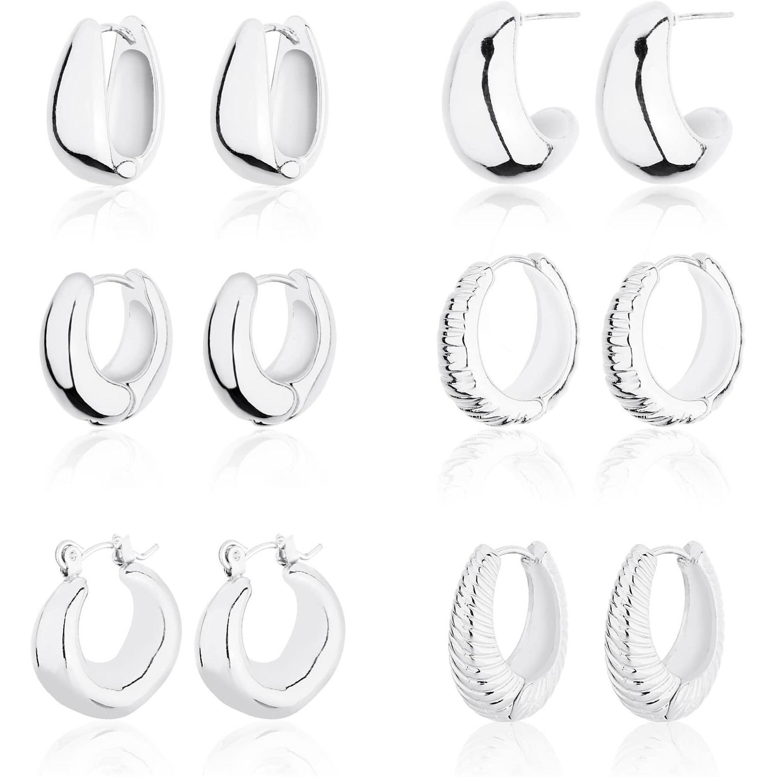 Wgoud Chunky Huggie Hoop Earring For Men Women 14K Gold Hypoallergenic  Thick Twist Earring (6 Prs Chunky Silver)