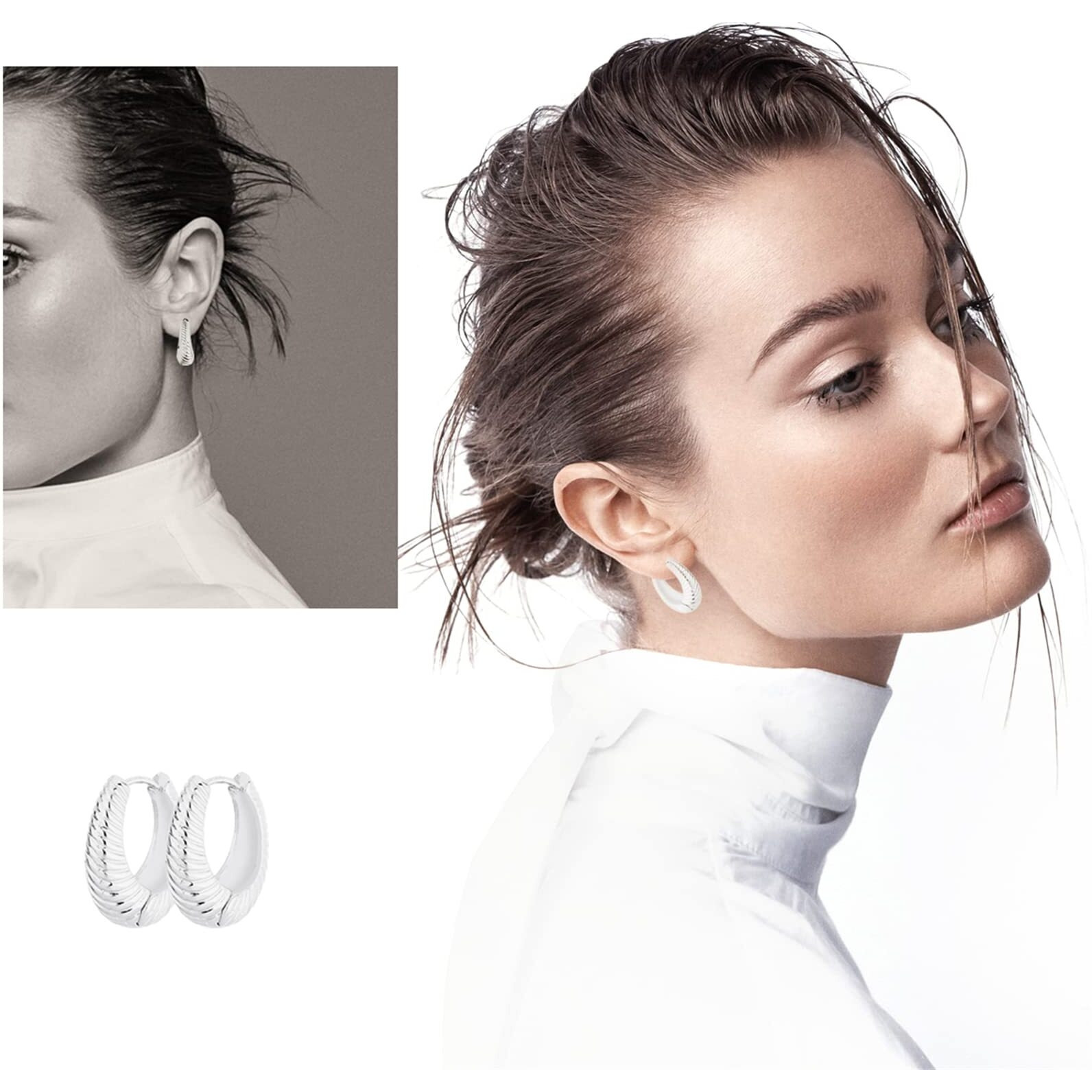 Wgoud Chunky Huggie Hoop Earring For Men Women 14K Gold Hypoallergenic  Thick Twist Earring (6 Prs Chunky Silver)