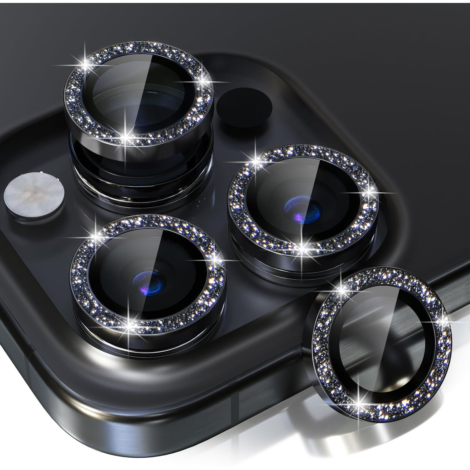 Choiche Compatible For Iphone 15 Pro/Iphone 15 Pro Max Camera Lens Protector Bling  9H Tempered Glass Camera Cover Screen Protector Metal Ring Decoration Accessories (Glitter-Black)