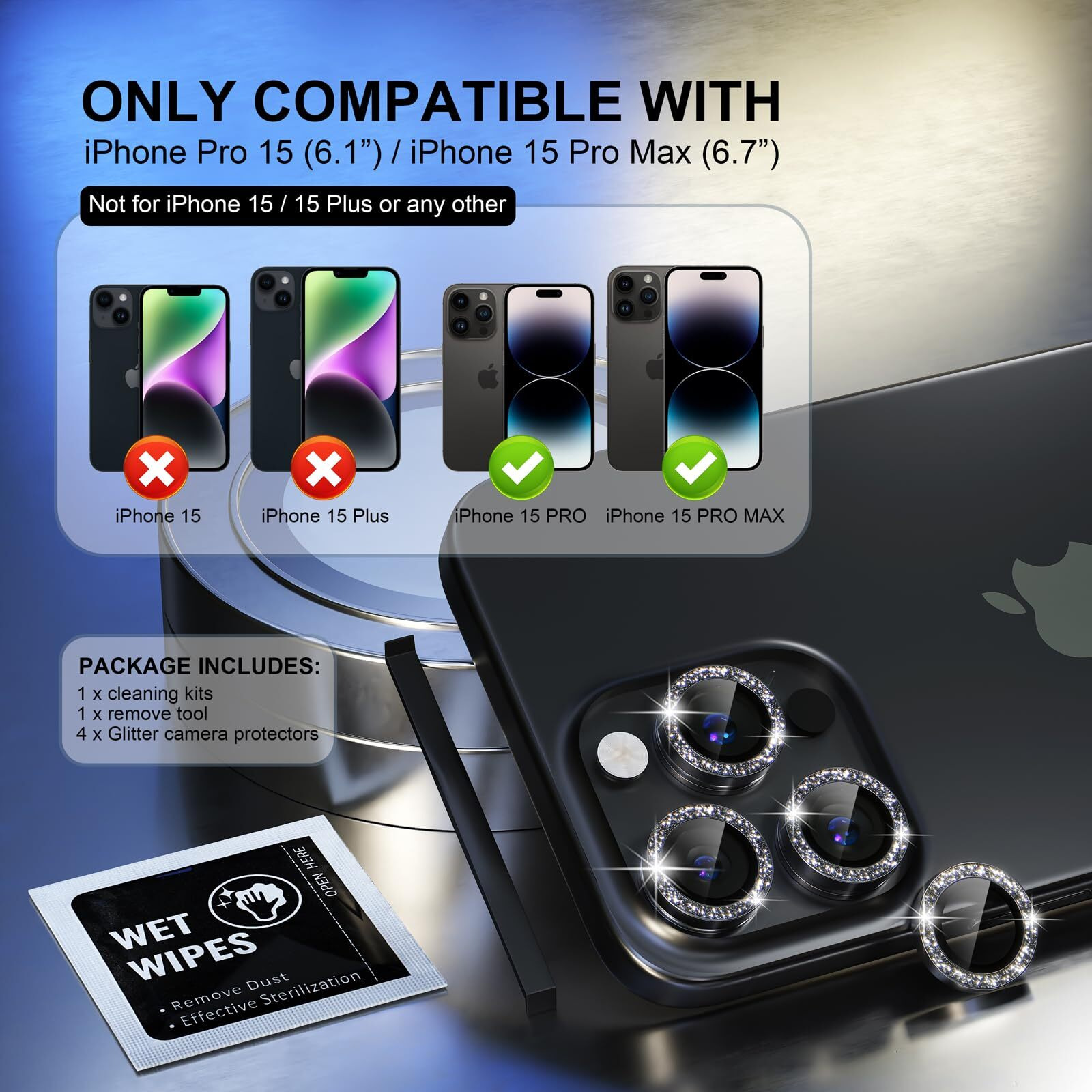 Choiche Compatible For Iphone 15 Pro/Iphone 15 Pro Max Camera Lens Protector Bling  9H Tempered Glass Camera Cover Screen Protector Metal Ring Decoration Accessories (Glitter-Black)
