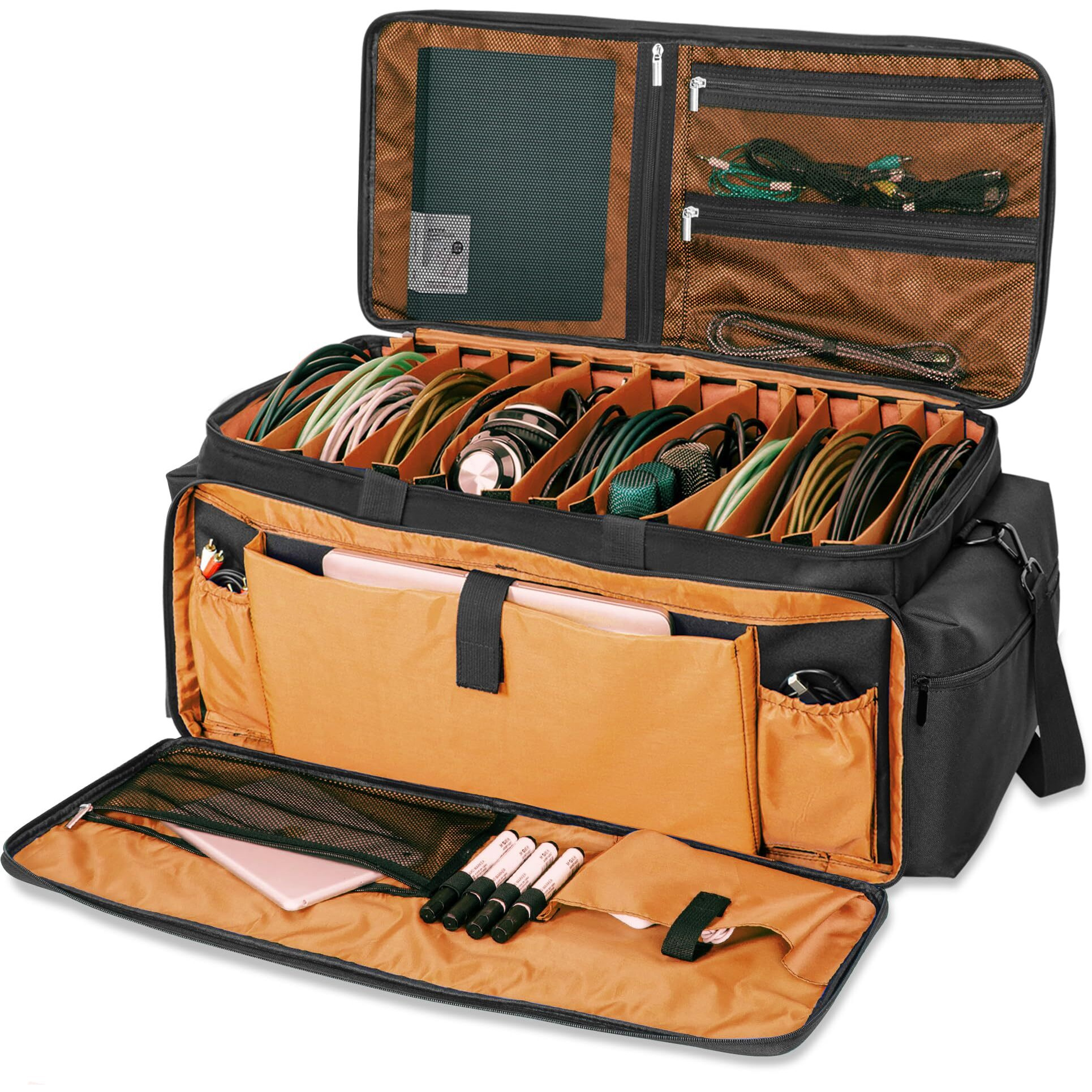 Akozlin Cable File Bag With Detachable Dividers  Dj Gig Bag Cord Organizer Case For Laptop Dj Gear  Sound Instrument And Music Equipment Accessories Black Orange