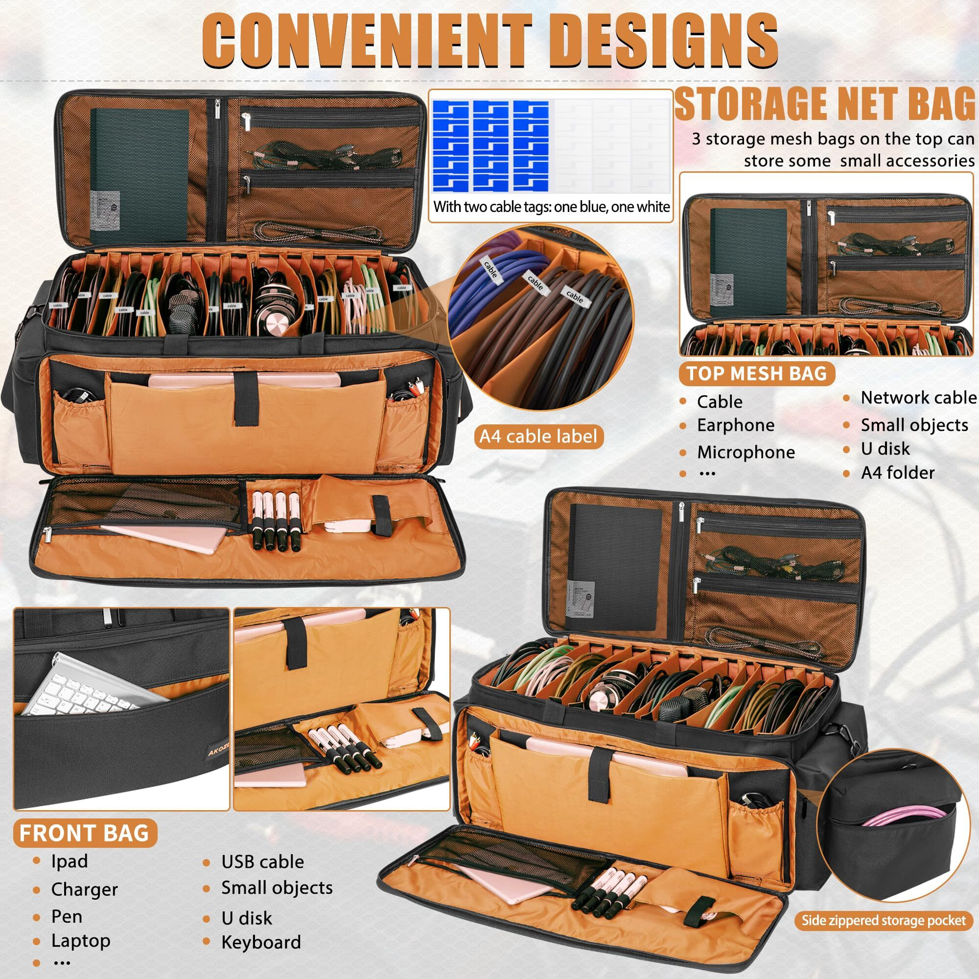 Akozlin Cable File Bag With Detachable Dividers  Dj Gig Bag Cord Organizer Case For Laptop Dj Gear  Sound Instrument And Music Equipment Accessories Black Orange