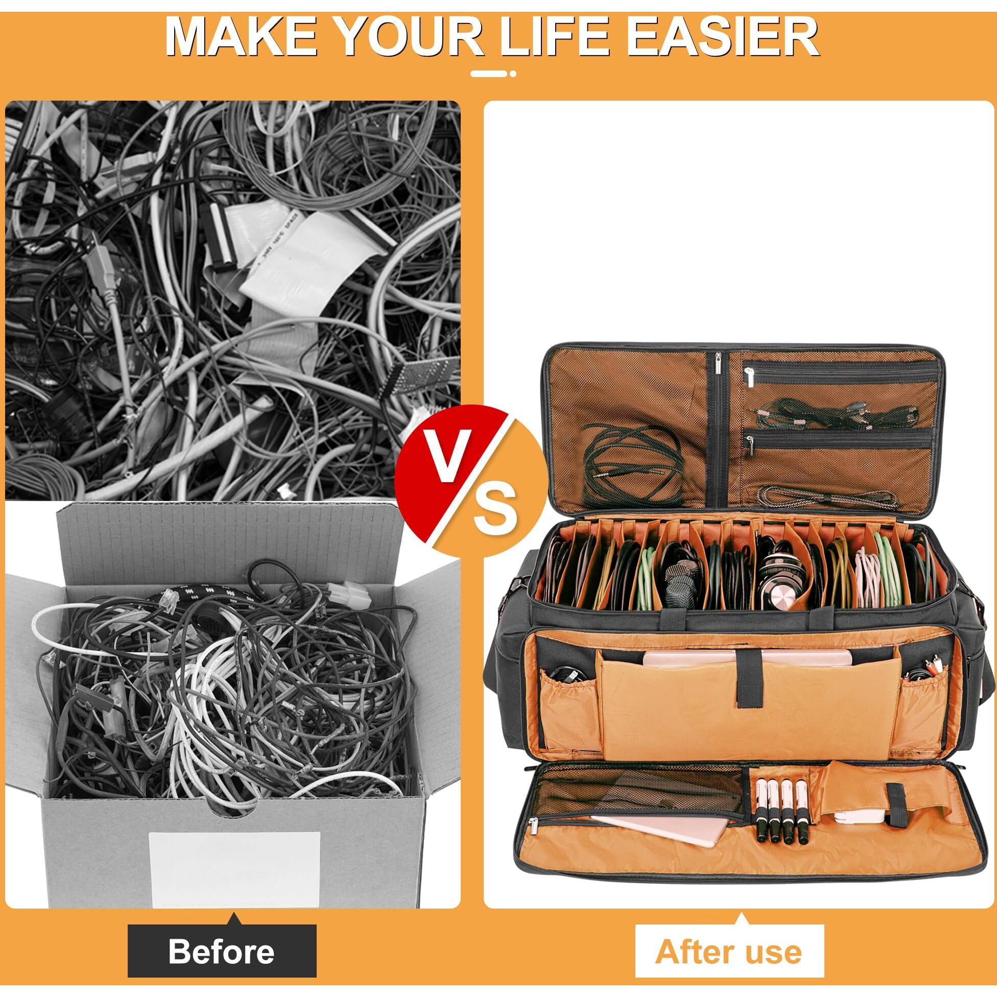 Akozlin Cable File Bag With Detachable Dividers  Dj Gig Bag Cord Organizer Case For Laptop Dj Gear  Sound Instrument And Music Equipment Accessories Black Orange