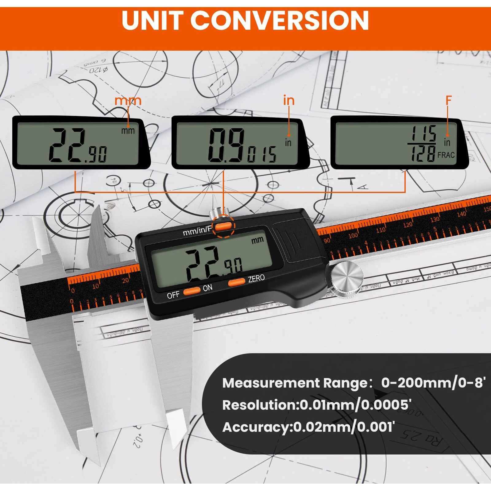 Hardell Digital Caliper  0-8 Inch Measuring Tool Large Lcd Screen Stainless Steel Auto-Off Inch/Fractions/Millimeter Waterproof Caliper Digital Micrometer For Diy/Household/3D Printing