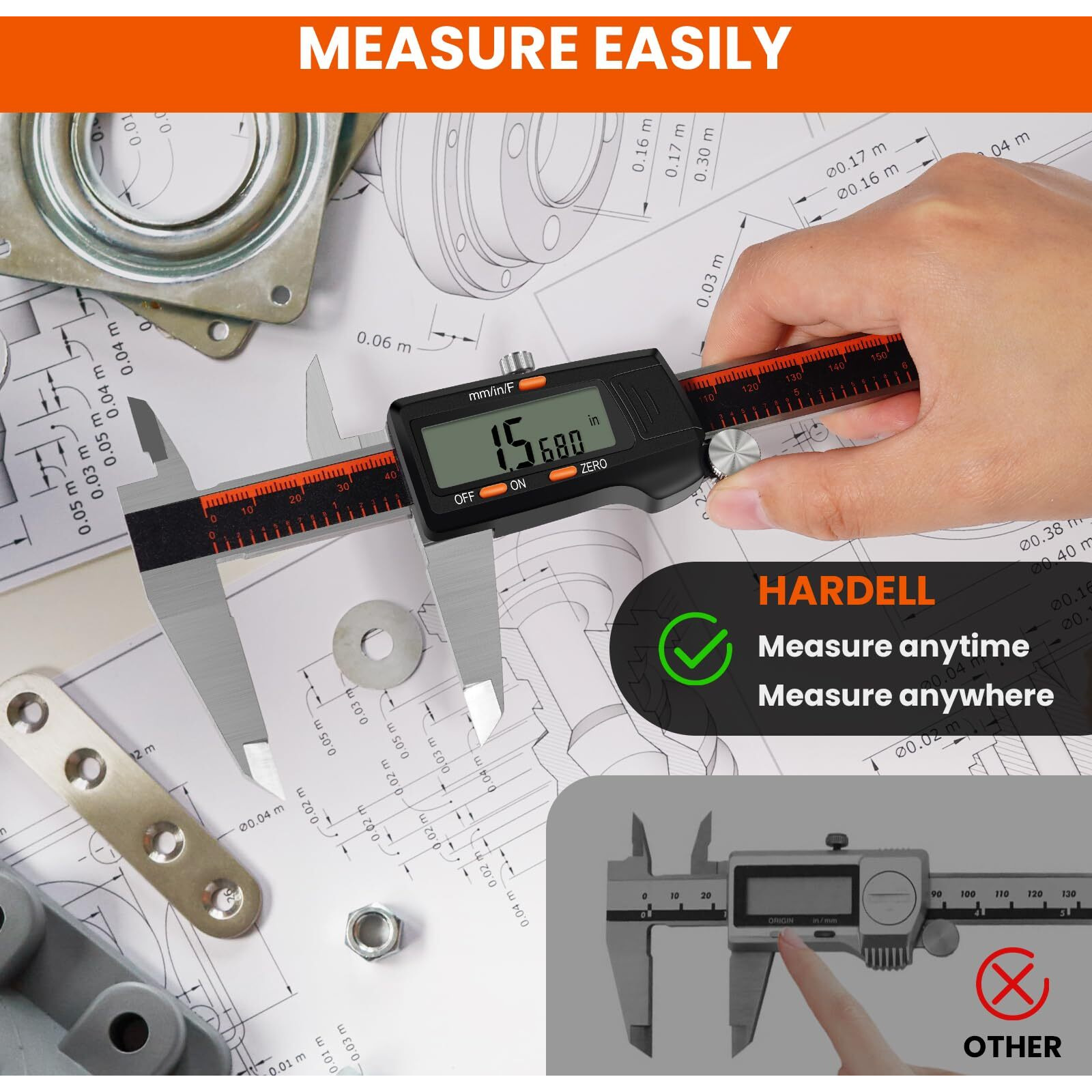 Hardell Digital Caliper  0-8 Inch Measuring Tool Large Lcd Screen Stainless Steel Auto-Off Inch/Fractions/Millimeter Waterproof Caliper Digital Micrometer For Diy/Household/3D Printing