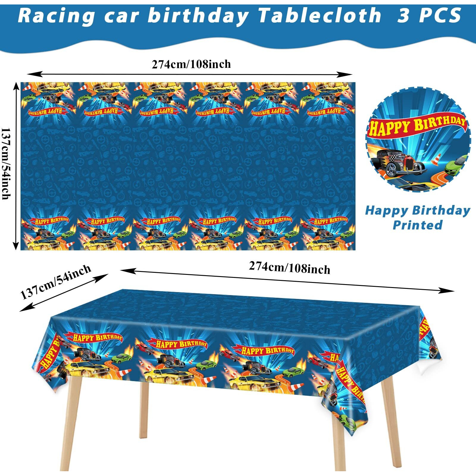 Wifunue 3Pieces Hot Car Themed Plastic Tablecloth Hot Race Car Birthday Party Plastic Table Covers For Kids Boys Racing Car Birthday Baby Shower Party Decorations Supplies 54X108Inch