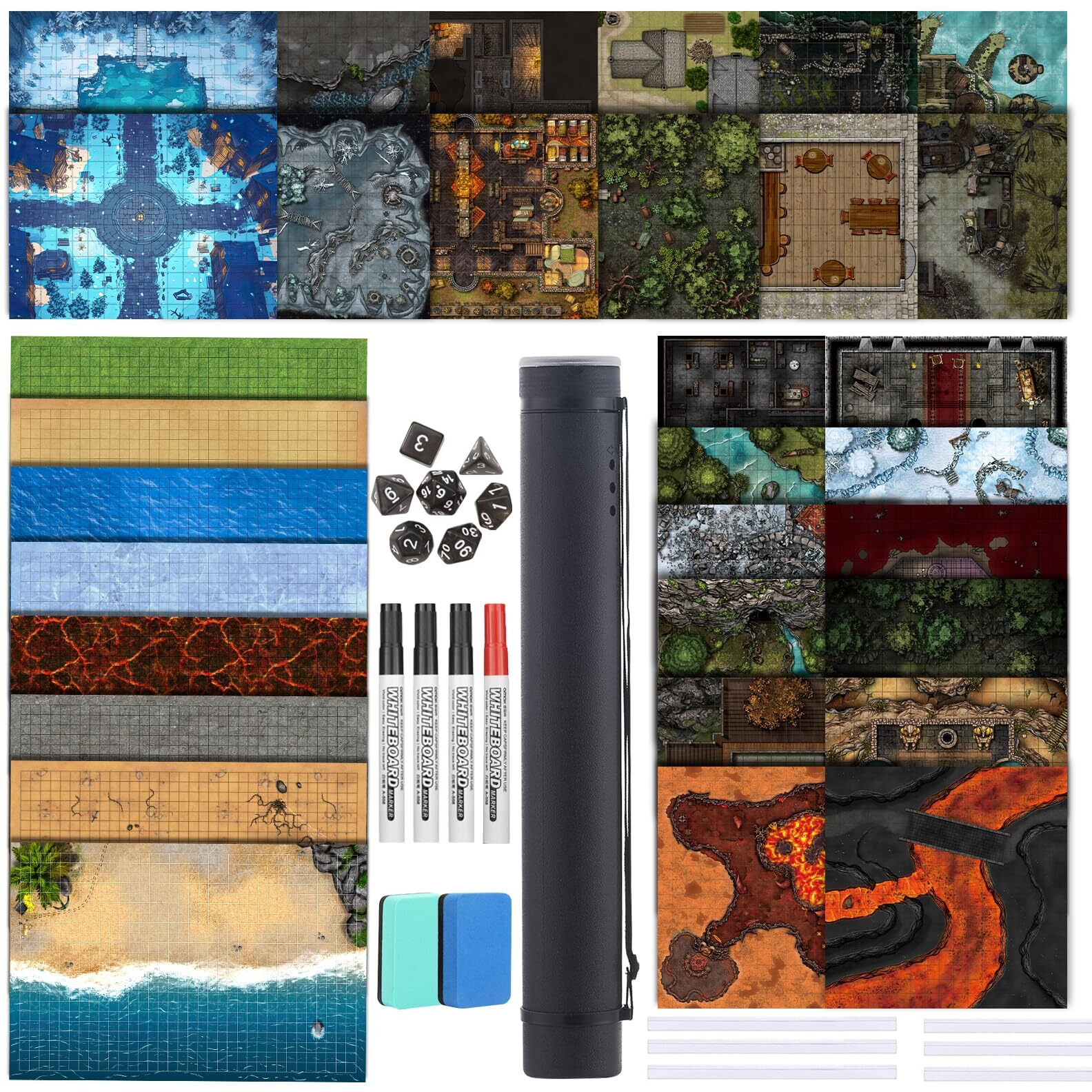 Sabermaster Dnd Map 32 Terrain 24  X 36"" 17  X 17"" 13  X 17"" Double Sidedv Grids Dry Erase Battle Mats For Dungeons & Dragons Game With Dice Set Clips Eraser Markers