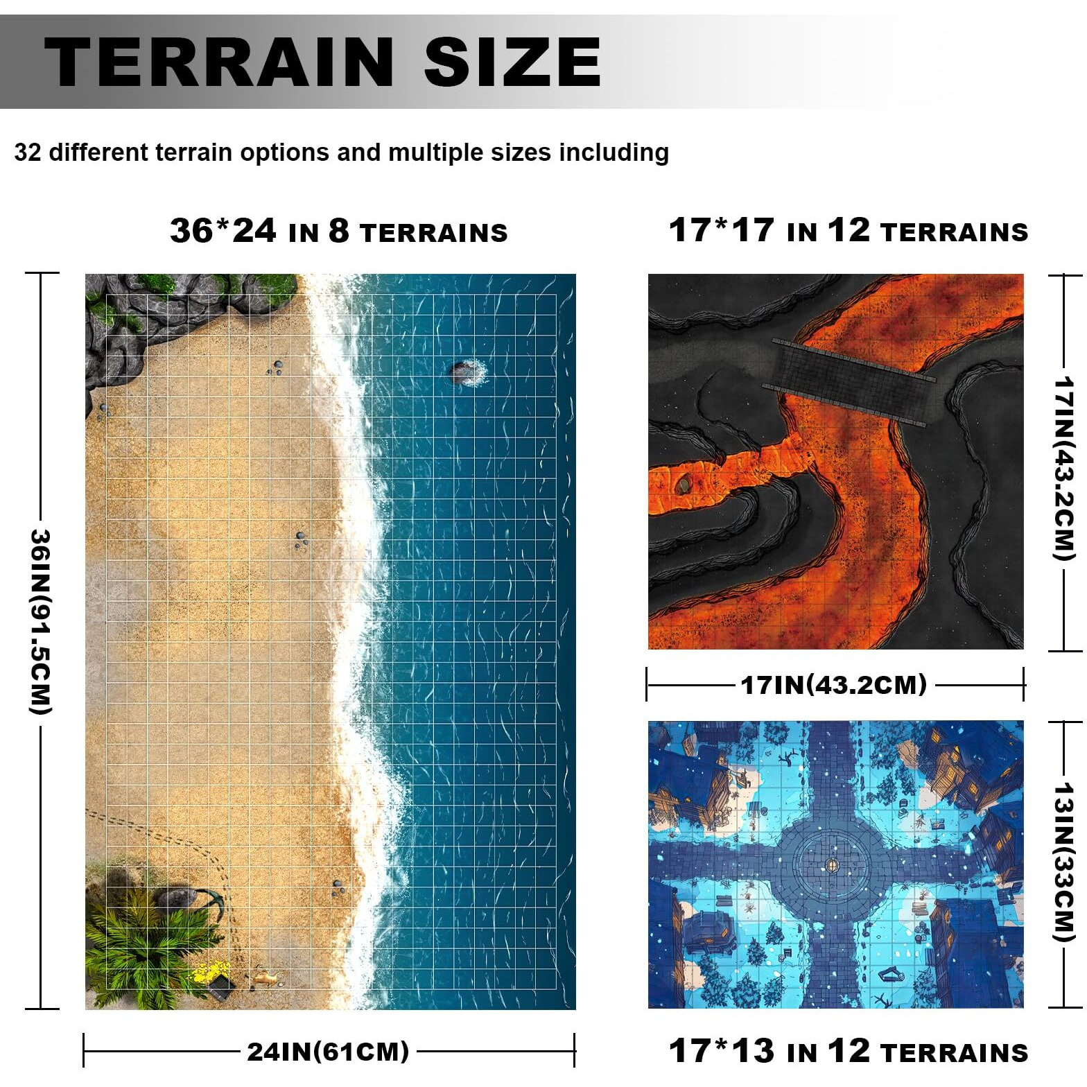 Sabermaster Dnd Map 32 Terrain 24  X 36"" 17  X 17"" 13  X 17"" Double Sidedv Grids Dry Erase Battle Mats For Dungeons & Dragons Game With Dice Set Clips Eraser Markers