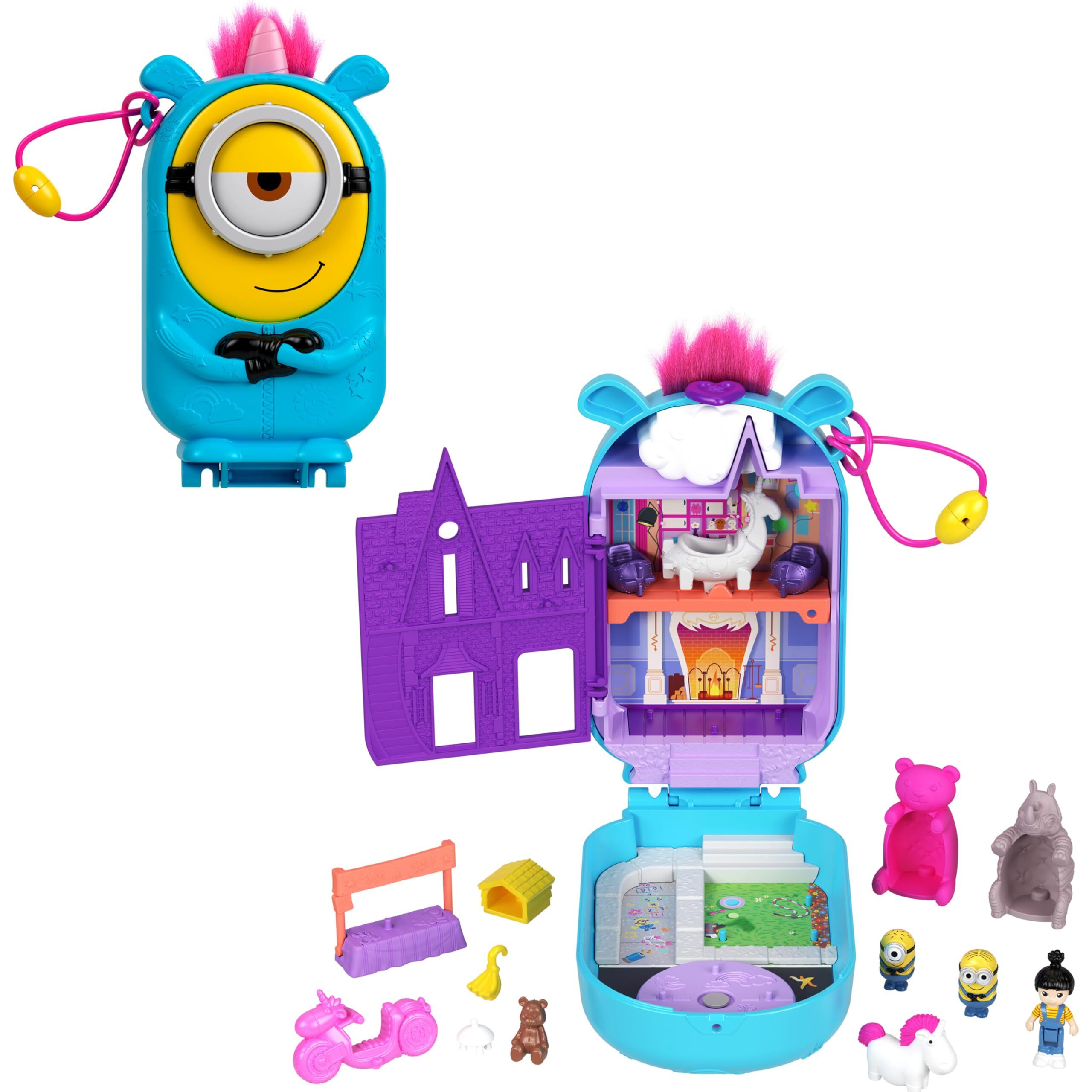 Polly Pocket Playset  1 Doll 2 Minions And Fluffy The Unicorn Toy  Minions Compact With 9 Accessories