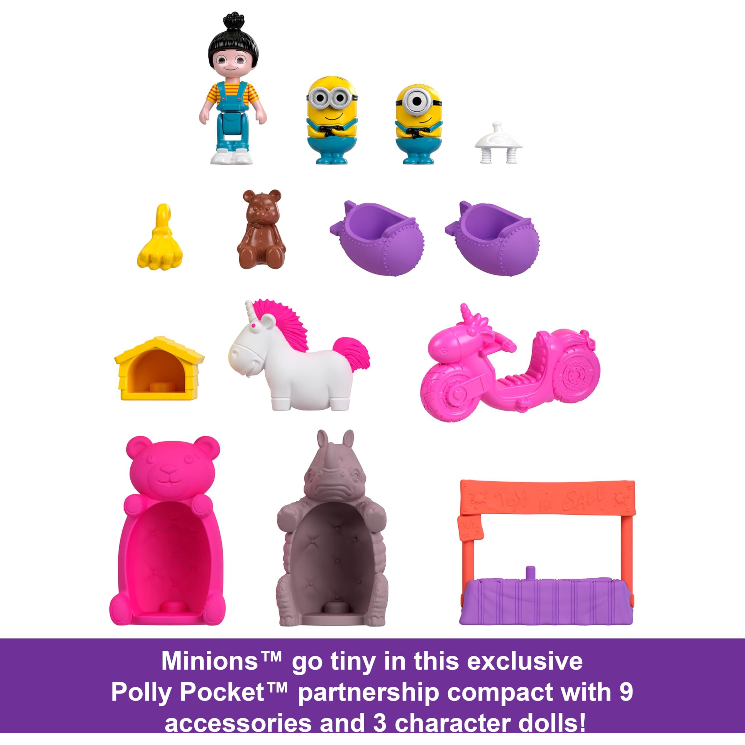 Polly Pocket Playset  1 Doll 2 Minions And Fluffy The Unicorn Toy  Minions Compact With 9 Accessories