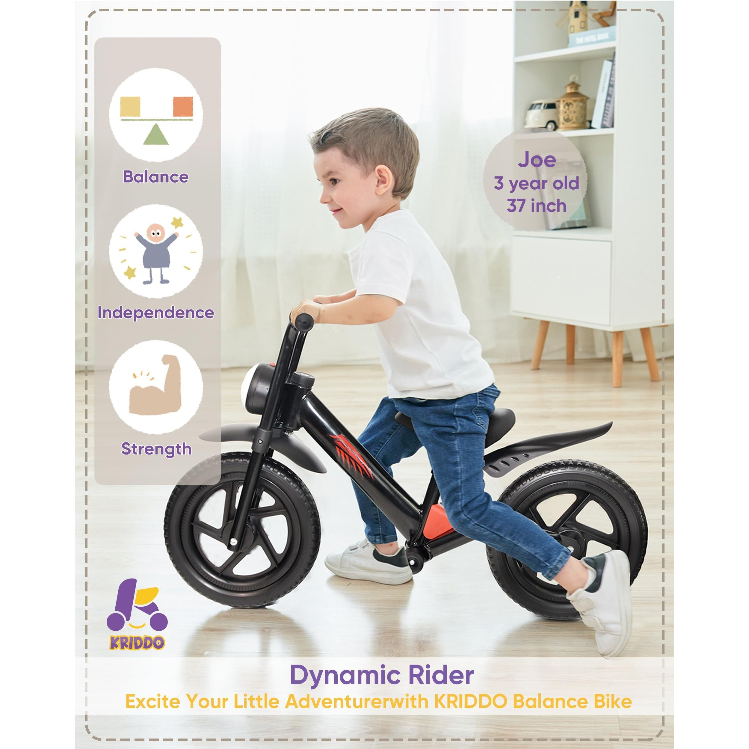 Kriddo Kids Balance Bike For 2-5 Years  With Front Light  Upgraded Tires For All Terrain  Upgraded Bearing For Smooth And Stable Riding  Front And Rear Fenders  Adjustable Seat  Black