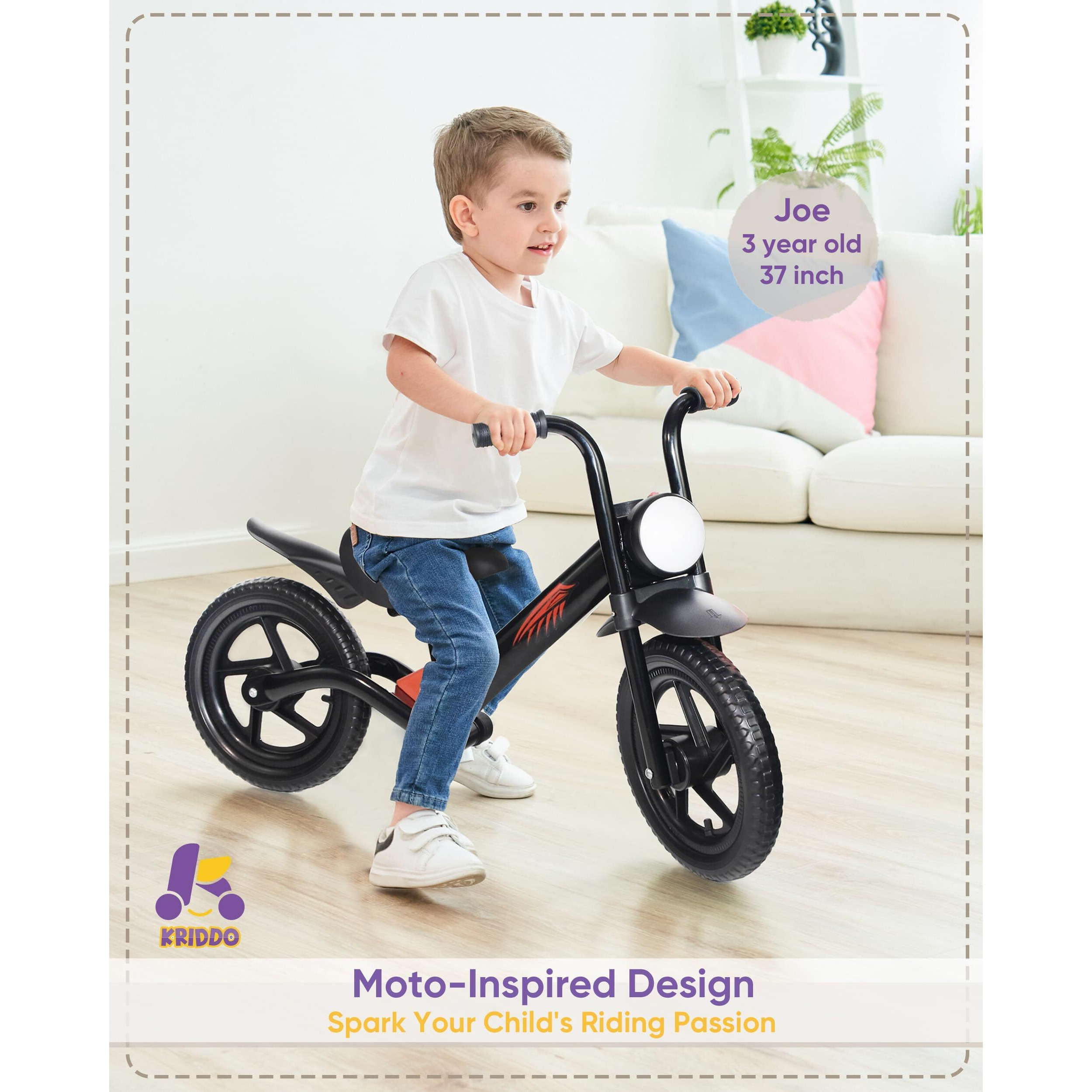 Kriddo Kids Balance Bike For 2-5 Years  With Front Light  Upgraded Tires For All Terrain  Upgraded Bearing For Smooth And Stable Riding  Front And Rear Fenders  Adjustable Seat  Black