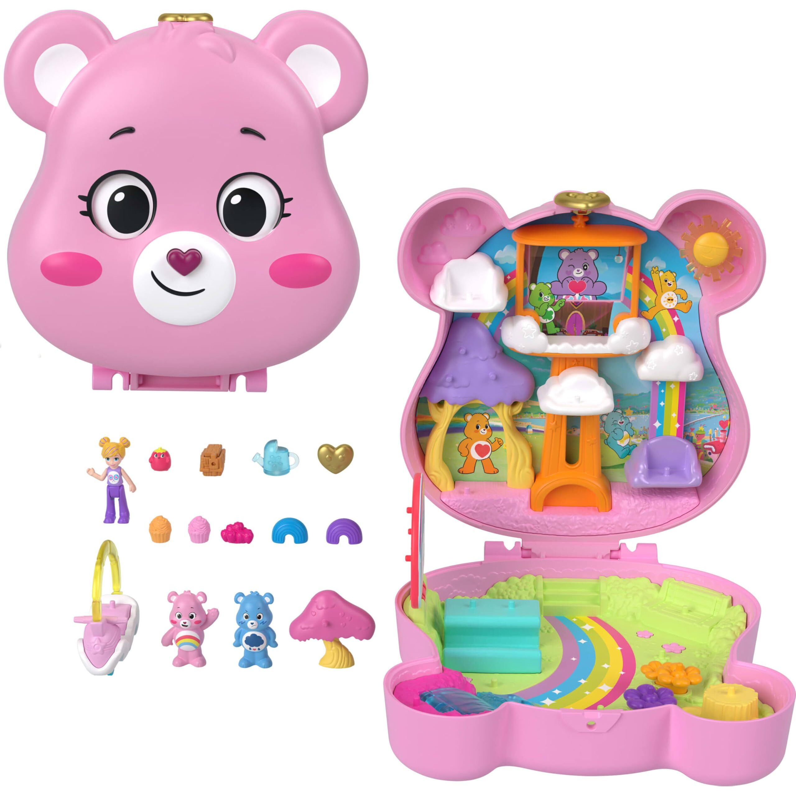 Polly Pocket X Care Bears Dolls & Playset With Toy Car And Themed Accessories  Travel Toy  Partnership Compact