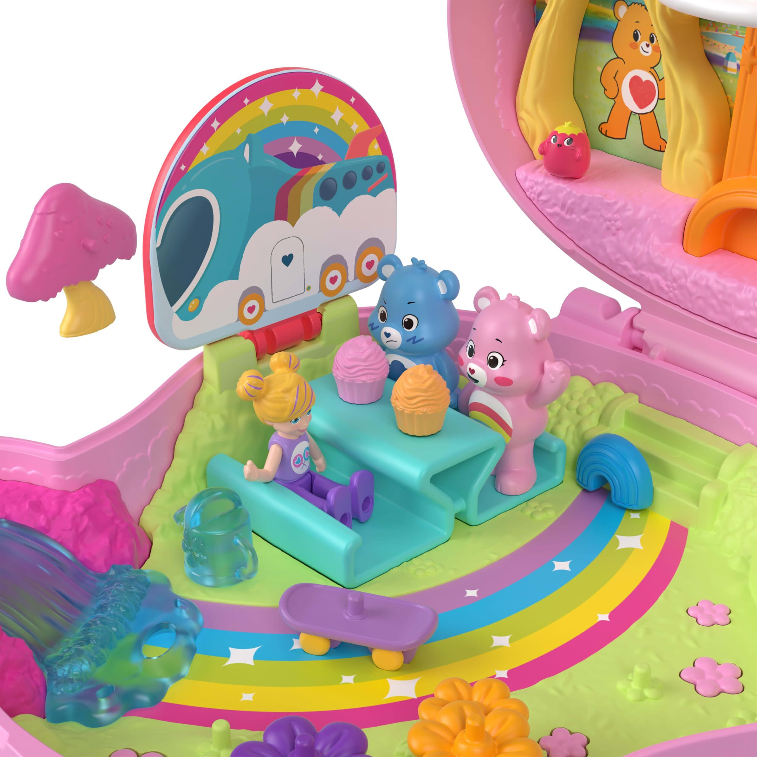 Polly Pocket X Care Bears Dolls & Playset With Toy Car And Themed Accessories  Travel Toy  Partnership Compact
