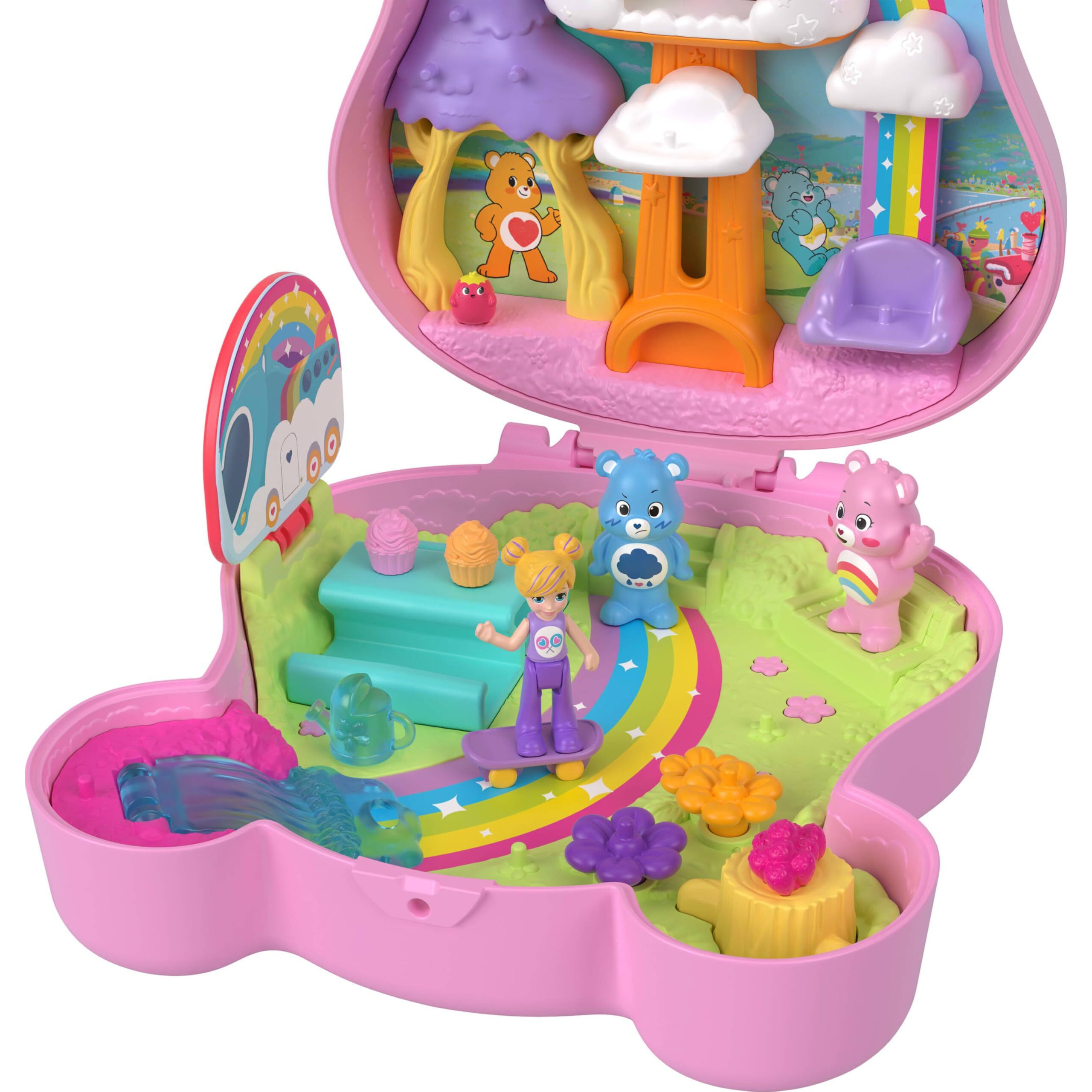 Polly Pocket X Care Bears Dolls & Playset With Toy Car And Themed Accessories  Travel Toy  Partnership Compact