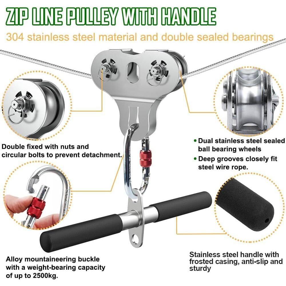 Fologtoo Zip Lines For Kids And Adults Outdoor Up To 500 Lbs  304 Stainless Steel 80Ft Zipline Kits For Backyard With Thickened 1/4"" Wire Rope  Removable Pulley  Outdoor Playground Equipment
